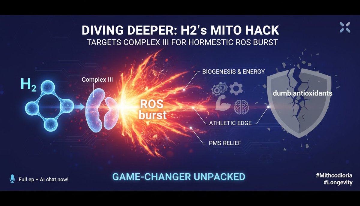 TranscriptedAI's tweet image. Diving deeper: H2's mito hack—targets Complex III for hormetic ROS burst, fueling biogenesis &amp;amp; energy! Athletic edge, PMS relief, vs. dumb antioxidants. Game-changer unpacked. 🤯 Full ep + AI chat now! #Mitochondria #Longevity

transcripted.ai/episode/ultima…