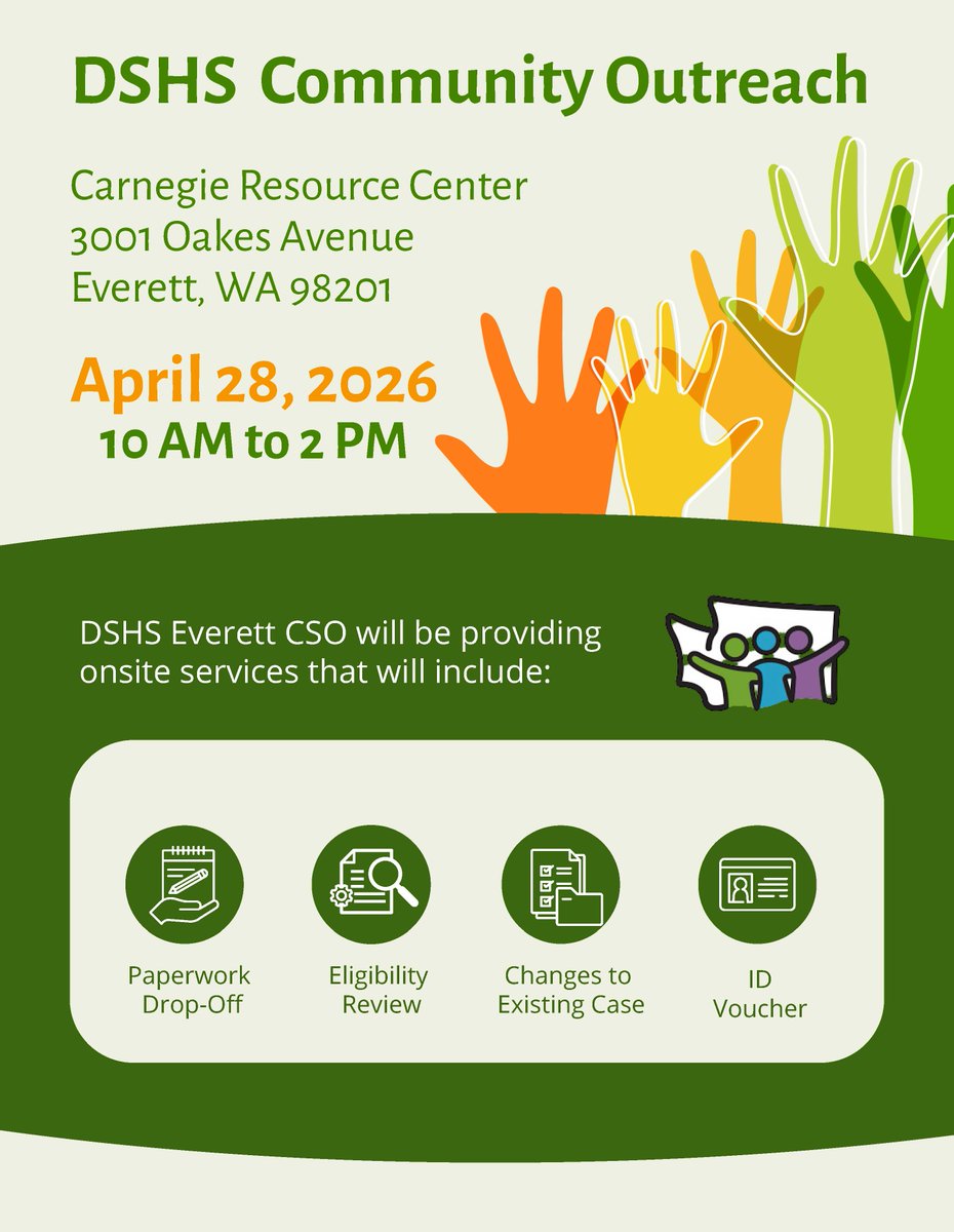 PioneerWA's tweet image. Join us today - April 28 - at the Carnegie Resource Center in #Everett from 10 AM - 2 PM for the DSHS Community Outreach event. Get onsite assistance from DSHS with your paperwork, eligibility review, ID voucher and much more. #CommunitySupport #SupportServices