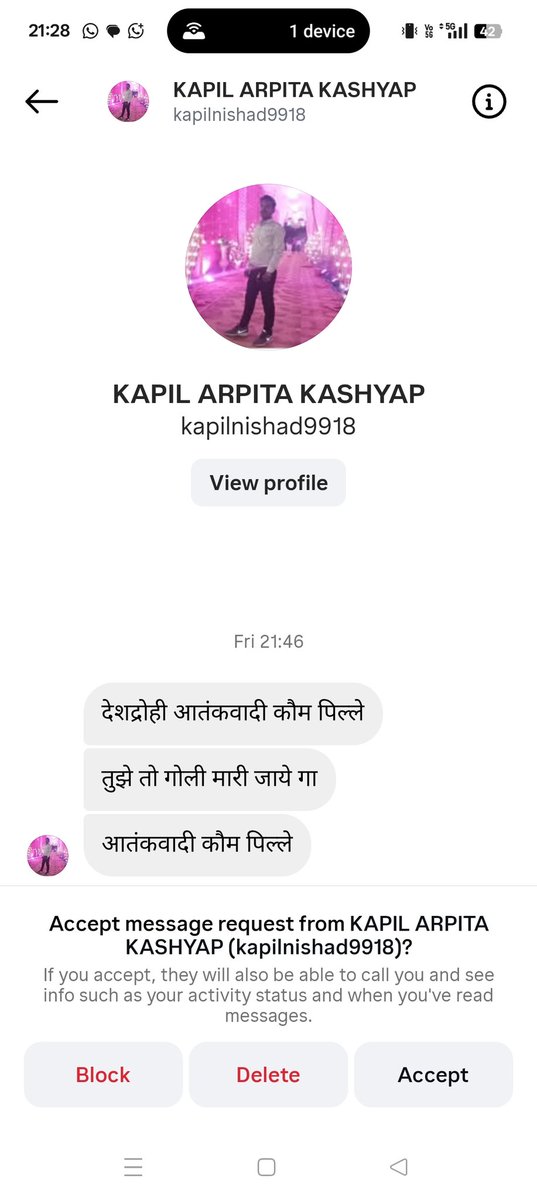 MediaHindustani's tweet photo. Hello, @GujaratPolice @AhmedabadPolice

Kapil Nishad Aka Kapil Arpita Kashyap के द्वारा मुझे जान से मारने की धमकी दी जा रही है, साथ ही मेरे धर्म को आतंकवाद से जोड़ा जा रहा है।

कृपया इस व्यक्ति पर उचित वैधानिक कार्यवाही करें

ये इस इंसान का प्रोफाइल है।
https://t.co/4TkaUuimzB https://t.co/mUdXje5H2S