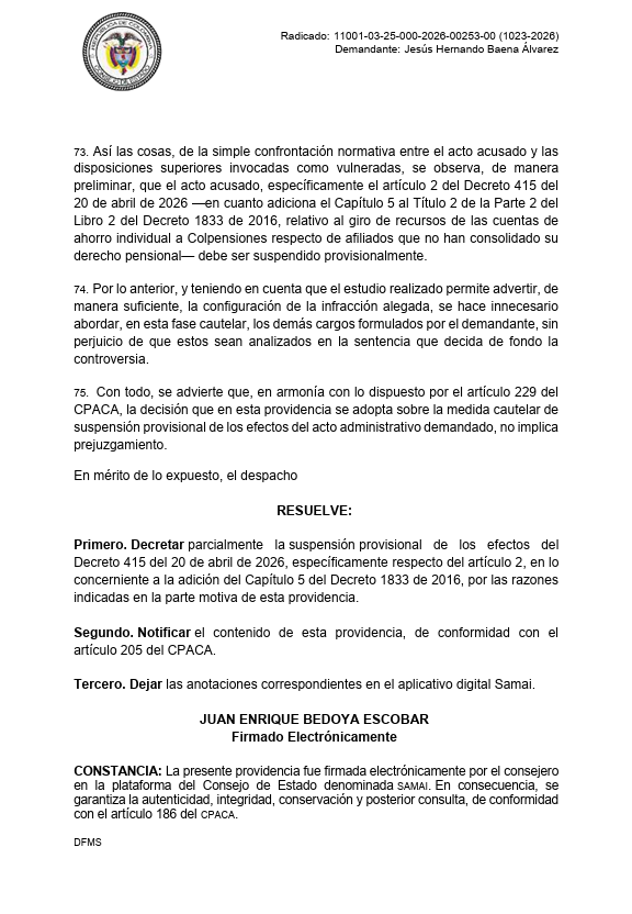 El Consejo de Estado suspendió provisionalmente el decreto sobre el traslado de 25 billones de pesos de los fondos privados a Colpensiones. Estos recursos son de los trabajadores.