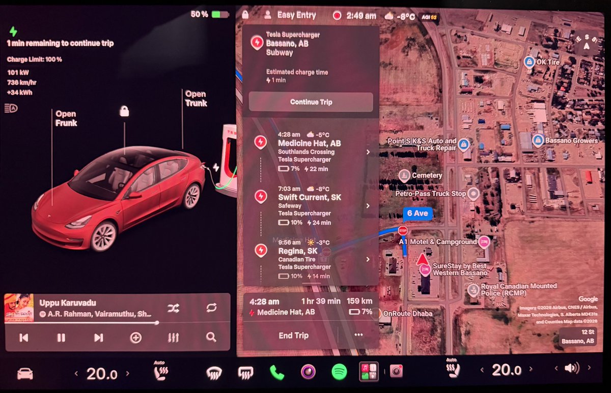 SRSBHARATHI's tweet photo. Just finished 3,500km across Eastern Canada and I’ve realized one thing: If it’s not a Tesla, it’s not a road trip car.

Everyone talks about range, speed, or screens… but one of the most underrated reasons Tesla is still far ahead of other EVs is the Supercharging network.

#TotalAutomation:
You don’t realize how important it is until you do a real road trip in freezing weather. With Tesla, you simply park, plug in, and walk away. No apps. No tapping cards. No standing in the cold trying to make a charger work. Payment, charging session, routing, everything is automatic.

Meanwhile with many other networks, you’re outside in -20°C fighting with payment screens, apps, connection errors, or broken stalls. That “minor inconvenience” becomes a huge deal fast.

#The_Brain_Behind_the_Trip:
The best part? The car actually plans for your meal times. It knows when to give you a 5-minute quick charge and when to schedule a longer stop so you can eat instead of wasting travel time.

If you’re still defending gas pumps or "third-party" chargers while shivering in the cold, you’re just coping. 🤷‍♂️

Real owners know the charging experience is what makes or breaks long-distance travel. And right now, 

Tesla is still years ahead.

#Tesla #EV #Supercharger #WinterDriving #FutureOfTravel 

@elonmusk @support_te12962 @Tesla @Teslarati @TeslaBenefitAds @TeslaCharging