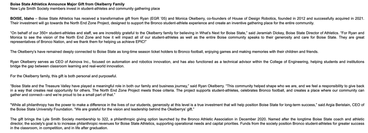 BJRains's tweet photo. Boise State announces a "transformative gift" from Ryan and Monica Okelberry, co-founders of House of Design Robotics.

It will go towards the North End Zone Project. https://t.co/U4eRuNPX7z