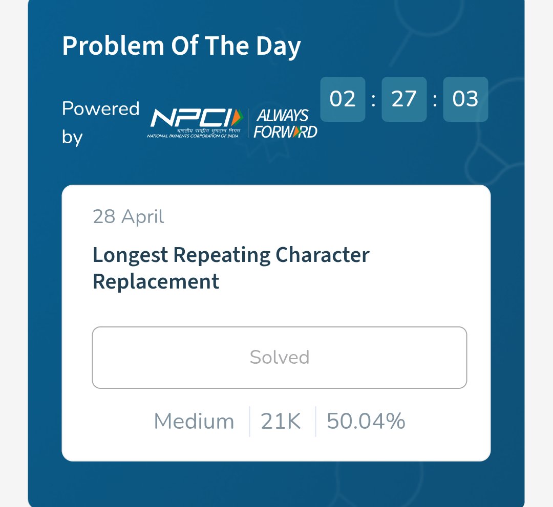 crazy_mahesh_'s tweet image. Day 218 - DSA Challenge
Problem: Longest Repeating Character Replacement

Time Complexity: O(n)
Space Complexity: O(1)
 🔁🚀
#100DaysOfCode #DSA #Strings #SlidingWindow #Algorithms @geeksforgeeks