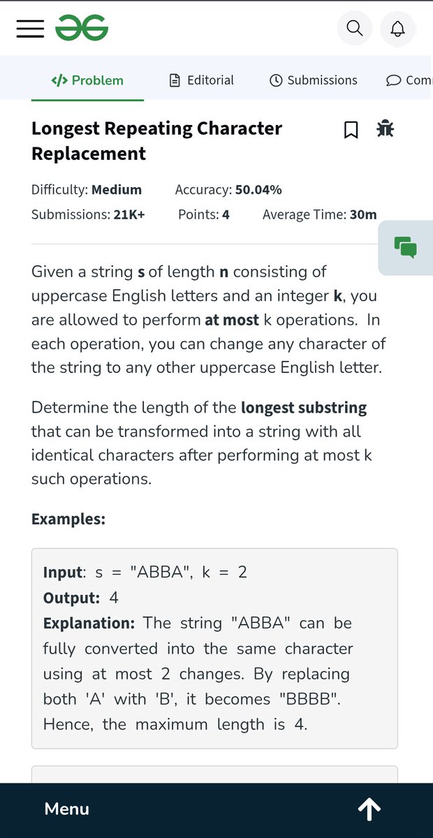 crazy_mahesh_'s tweet image. Day 218 - DSA Challenge
Problem: Longest Repeating Character Replacement

Time Complexity: O(n)
Space Complexity: O(1)
 🔁🚀
#100DaysOfCode #DSA #Strings #SlidingWindow #Algorithms @geeksforgeeks