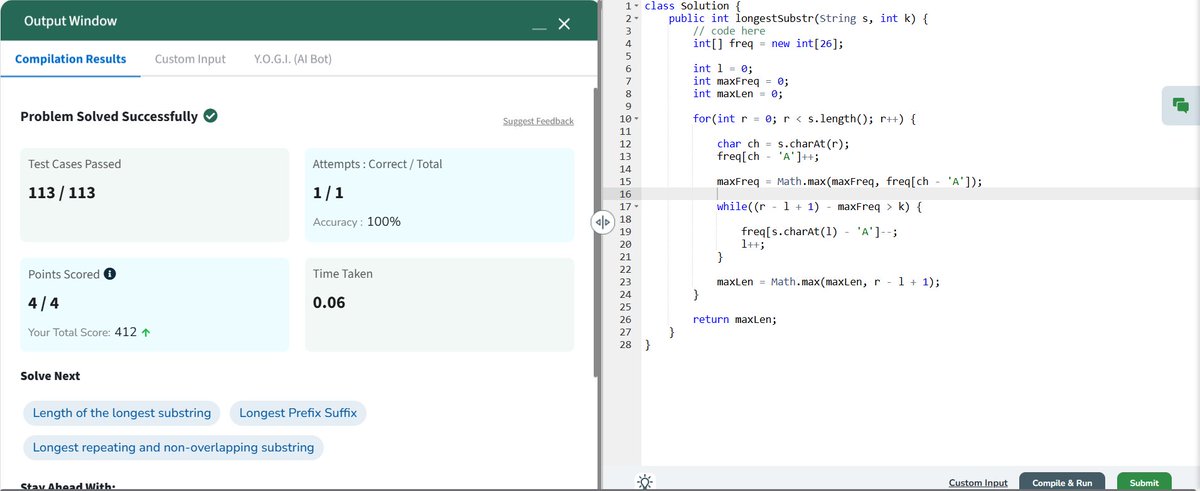 Deepans18044676's tweet photo. Day 70 of my #60DaysOfDSA  Challenge    Solved today’s POTD on
@geeksforgeeks
Longest Repeating Character  Replacement  113/113 Test Cases passed with O(n)                          
Thanks @NPCI_India for pushing coding culture  #geekstreak60 #NPCI #geeksforgeeks #gfg
@NPCI_NPCI https://t.co/Zhjfurvs80