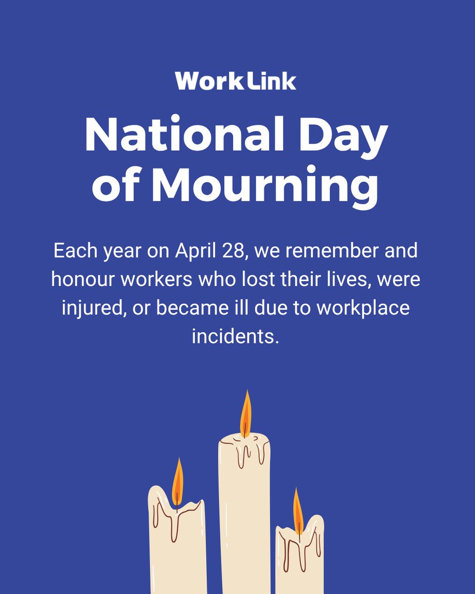 Worklink's tweet photo. 🕊️ National Day of Mourning

Each year on April 28, Canadians observe the National Day of Mourning, actively remembering and honouring workers who have lost their lives, suffered injuries, or become ill because of workplace incidents.

#DayOfMourning #WorkplaceSafety https://t.co/SQG4AtPDJ3