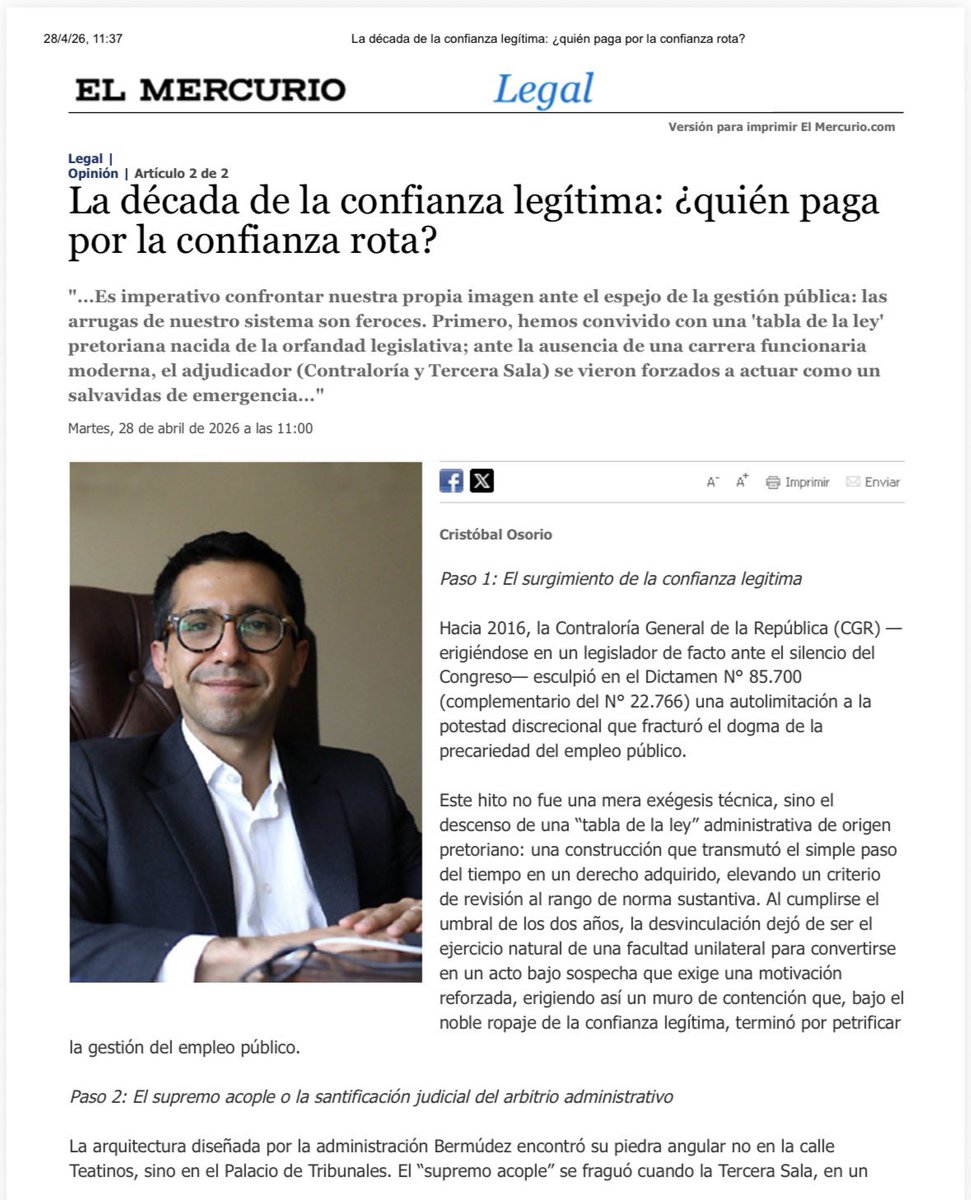 baltocris14's tweet photo. 10 años de la confianza legítima y se celebra con una columna. 

Se debe avanzar en una carrera funcionaria moderna y no descansar en la “tablas de la ley”. @ElMercurioLegal https://t.co/E7yjq0kfcw