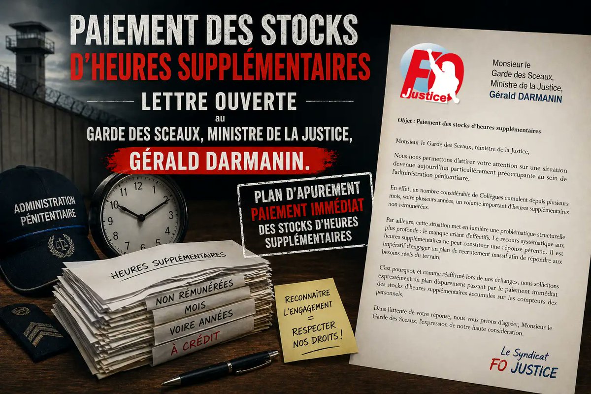 SyndFoJustice's tweet photo. ➡️ Paiement des Stocks d'Heures Supplémentaires - Lettre Ouverte au Garde des Sceaux, Ministre de la Justice,  Gérald Darmanin 
https://t.co/nraI6sMt2p https://t.co/WOEpBOG1rF