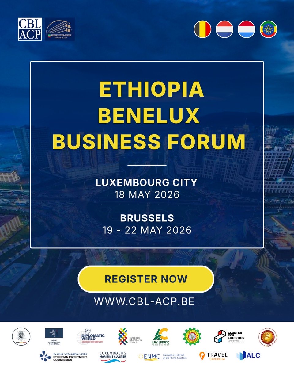 ETEmbassyBRU's tweet photo. Gentle Reminder: The Ethiopia–BENELUX Business Forum 2026 is coming soon!
Business Partners already signed up are encouraged to subscribe to B2B opportunities. Those who didn’t sign in are cordially invited to join the forum on 18 May 2026 in Luxembourg and 19-22 May 2026 in Brussels. These premier platforms help you connect with Ethiopian and Benelux business leaders, investors, and policymakers. It will offer a unique opportunity to explore business prospects in one of Africa’s fastest-growing economies.
Discover opportunities in:
▪ Agriculture and Agro-industry
▪ Manufacturing
▪ Mining and Mineral Processing
▪ ICT & Digital Economy
▪ Tourism & Hospitality
▪ Clean Energy
State your interest and engage in:
✓ B2B & B2G meetings
✓ High-level networking
✓ Strategic partnerships
Secure your place now and be part of the Ethiopia–Benelux business engagement. For more information and registration,kindly use the following link:
https://t.co/eJPvjiE0fW
