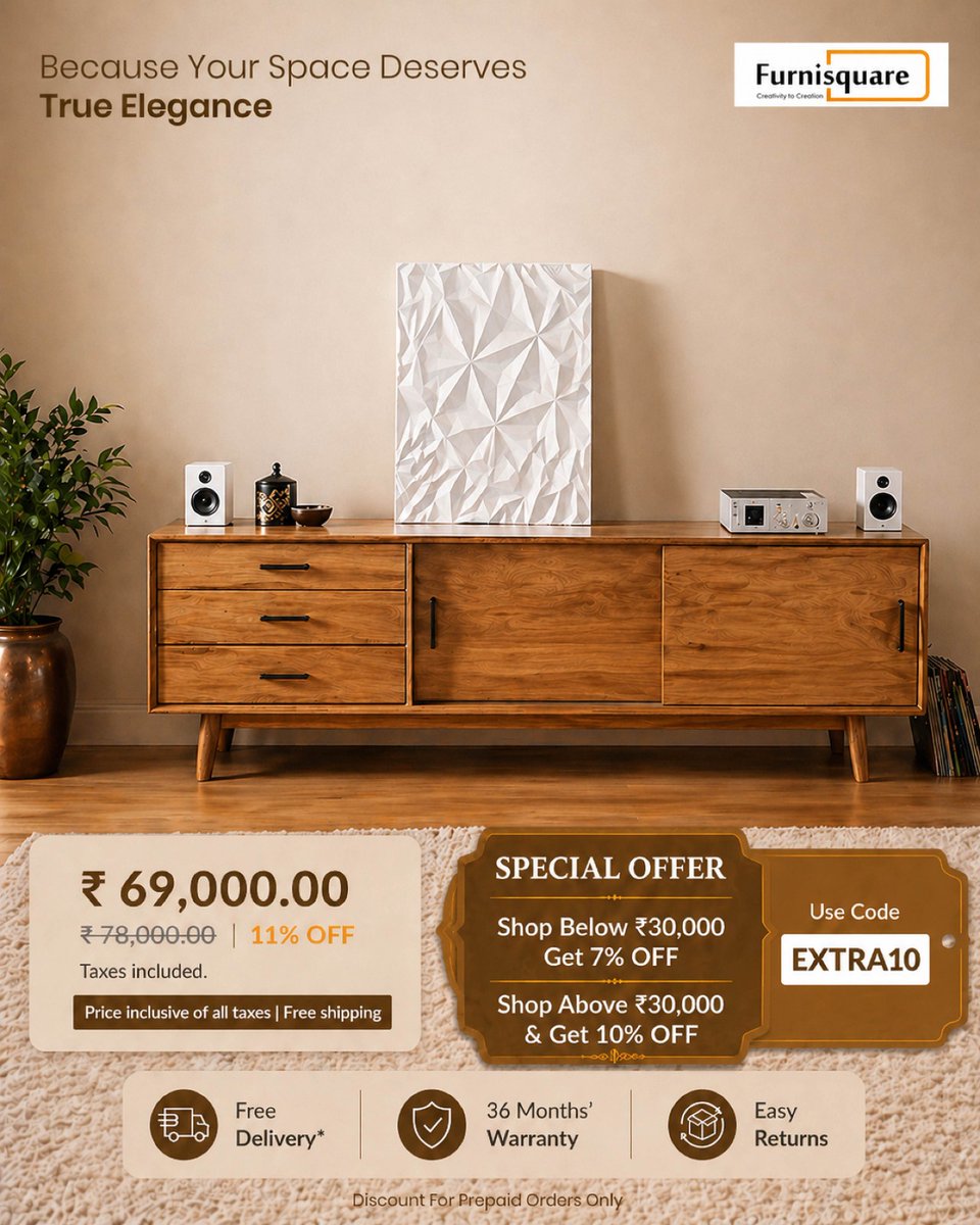 furnisquare's tweet image. True elegance starts at home ✨
Premium wooden console now ₹69,000 (11% OFF)
Use code EXTRA10 for more savings!
#Furniture #HomeDecor #Furnisquare