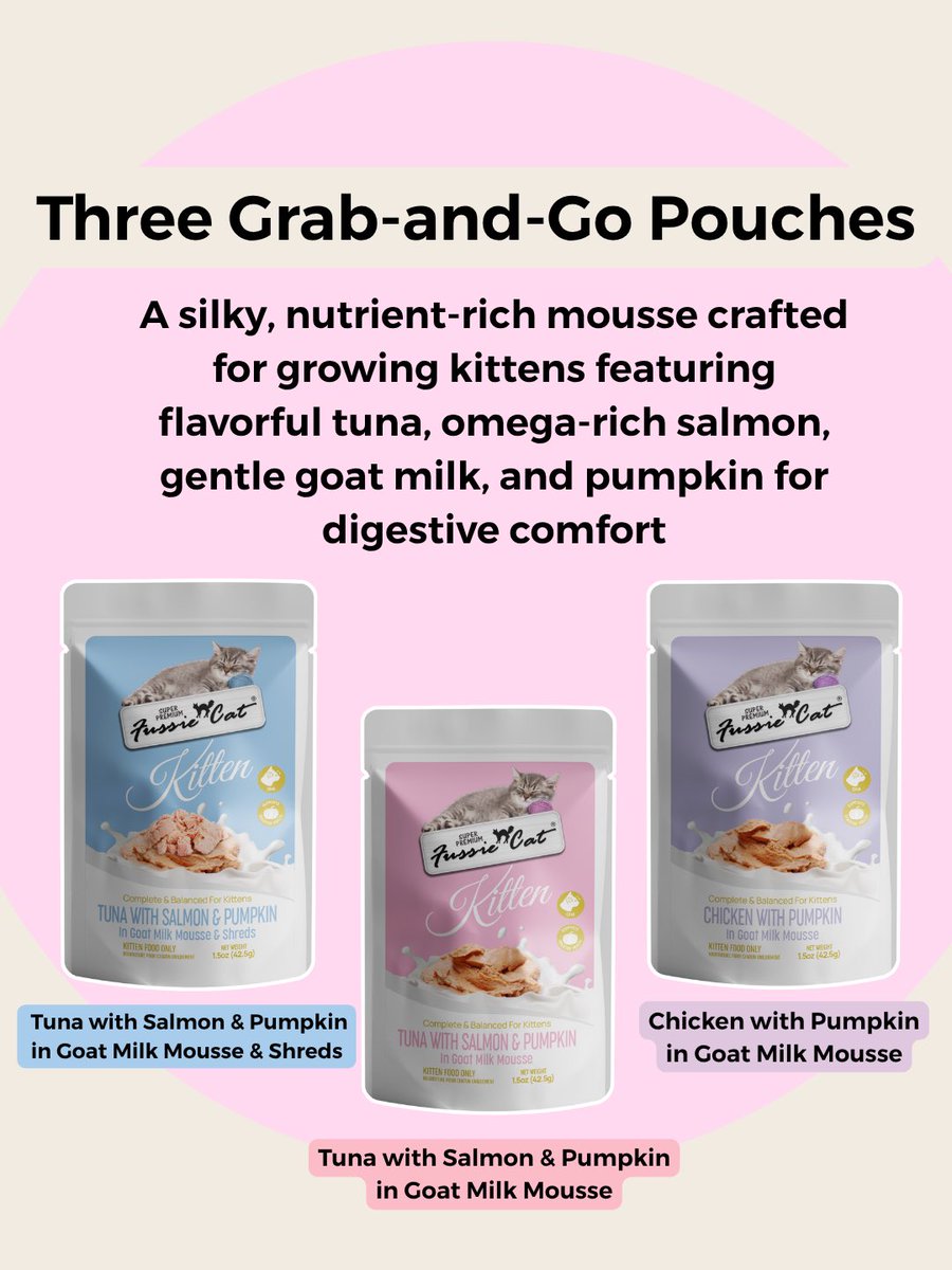 FussieCat's tweet photo. Fussie Cat’s new Kitten line is designed to support every stage of early development

✔️ Real meat first
✔️ Goat milk + pumpkin for digestive support
✔️ Multiple textures to ease the transition

Even picky kittens can find their favorite!

#fussiecat #kittenfood #kittennutrition https://t.co/SBeJgYqk34