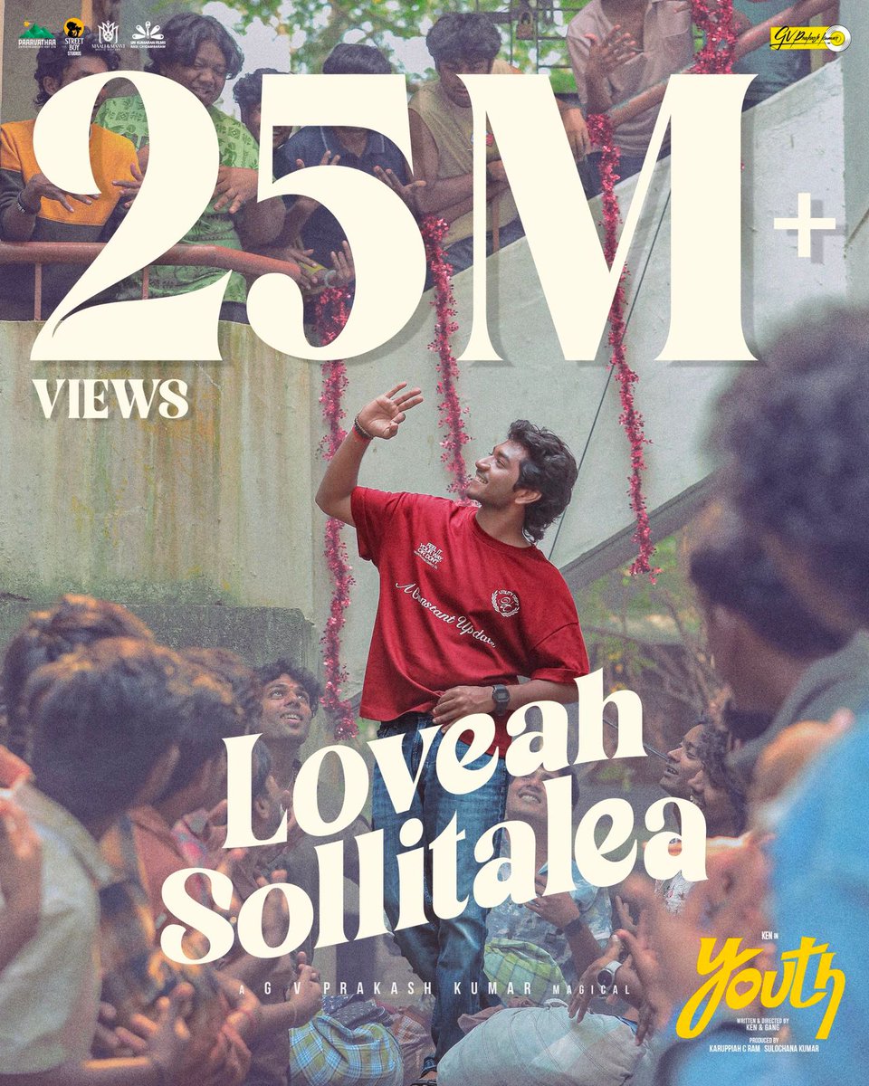Cinetrendssk's tweet image. 25M+ Views for #LoveahSollitalea! 🧨
@gvprakash delivering pure fire once again. The #Youth album is on another level! 
#GVPrakash