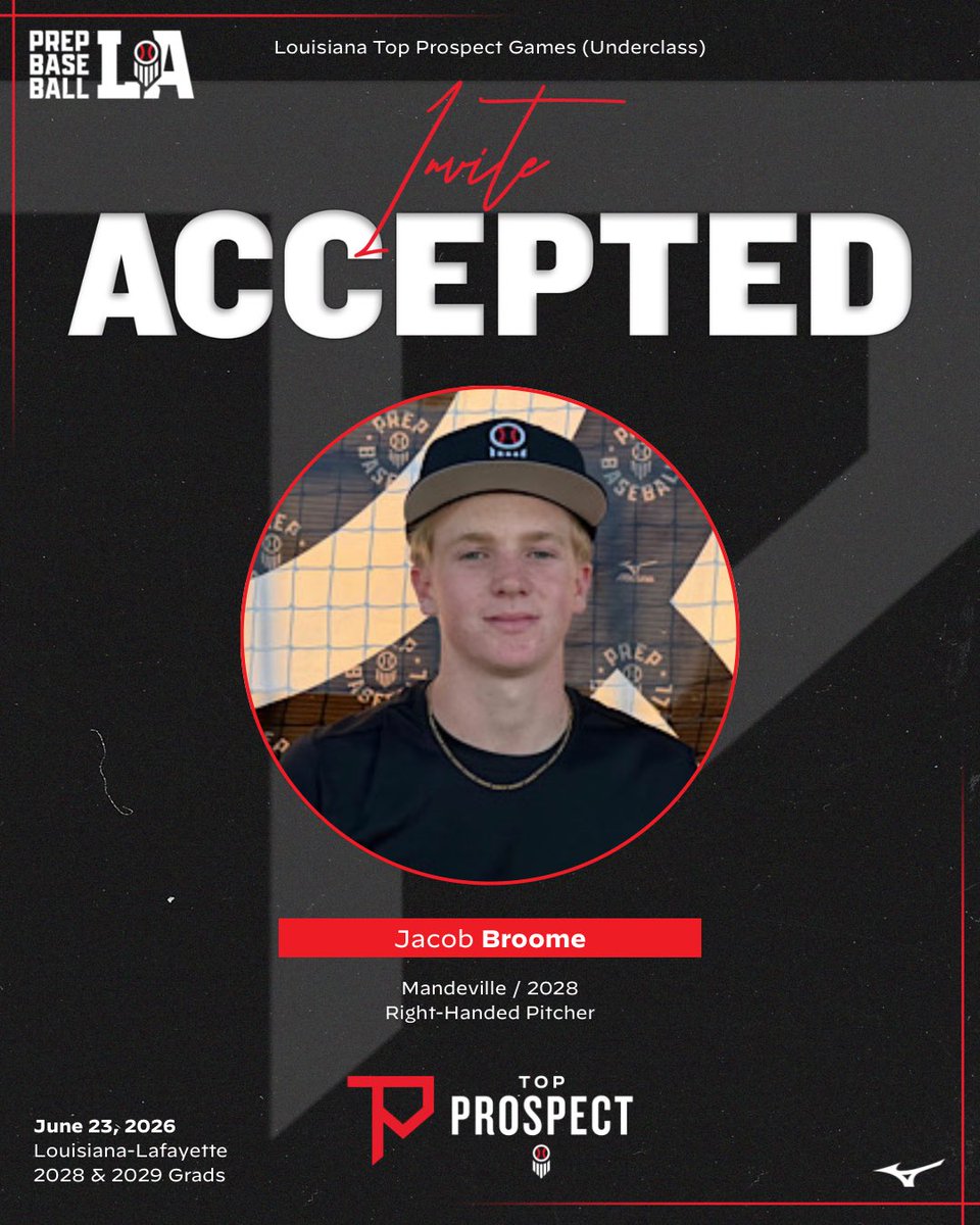 PrepBaseballLA's tweet photo. 🎟️ #𝐋𝐀𝐓𝐏𝐆𝟐𝟔 𝐈𝐧𝐯𝐢𝐭𝐞 𝐀𝐜𝐜𝐞𝐩𝐭𝐞𝐝

We’re excited to see the following players at the Underclass Top Prospect Games on June 23, 2026 at @RaginCajunsBSB.

‘28 RHP Cole Albert (Vermilion Catholic)

‘28 RHP Jacob Broome (Mandeville)

‘29 RHP Ian Davis (St. Thomas More)

‘28 INF/C Grant Oustalet (Sam Houston)

Event page with complete roster and all the details below ⬇️ #BeSeen

🖇️ https://t.co/eHhQFAMNif