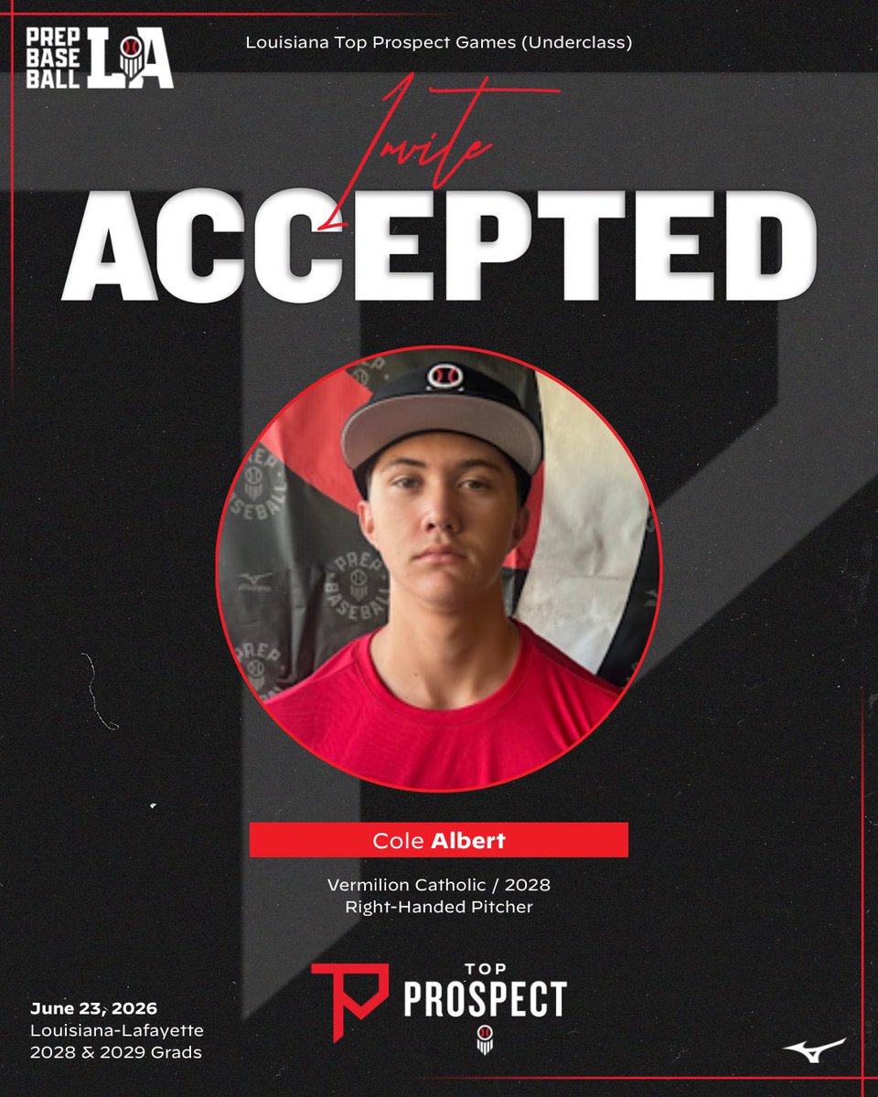 PrepBaseballLA's tweet photo. 🎟️ #𝐋𝐀𝐓𝐏𝐆𝟐𝟔 𝐈𝐧𝐯𝐢𝐭𝐞 𝐀𝐜𝐜𝐞𝐩𝐭𝐞𝐝

We’re excited to see the following players at the Underclass Top Prospect Games on June 23, 2026 at @RaginCajunsBSB.

‘28 RHP Cole Albert (Vermilion Catholic)

‘28 RHP Jacob Broome (Mandeville)

‘29 RHP Ian Davis (St. Thomas More)

‘28 INF/C Grant Oustalet (Sam Houston)

Event page with complete roster and all the details below ⬇️ #BeSeen

🖇️ https://t.co/eHhQFAMNif