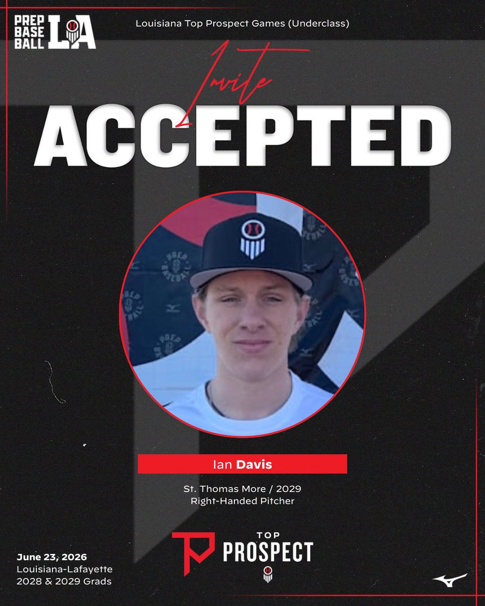 PrepBaseballLA's tweet photo. 🎟️ #𝐋𝐀𝐓𝐏𝐆𝟐𝟔 𝐈𝐧𝐯𝐢𝐭𝐞 𝐀𝐜𝐜𝐞𝐩𝐭𝐞𝐝

We’re excited to see the following players at the Underclass Top Prospect Games on June 23, 2026 at @RaginCajunsBSB.

‘28 RHP Cole Albert (Vermilion Catholic)

‘28 RHP Jacob Broome (Mandeville)

‘29 RHP Ian Davis (St. Thomas More)

‘28 INF/C Grant Oustalet (Sam Houston)

Event page with complete roster and all the details below ⬇️ #BeSeen

🖇️ https://t.co/eHhQFAMNif