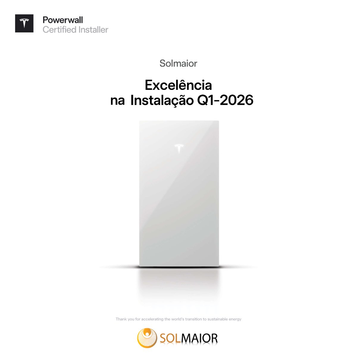 SolMaior_X's tweet photo. Reconhecimento Tesla: Instalador de Excelência Q1 2026.

Este prémio valida o rigor técnico das nossas instalações Powerwall e a confiança depositada nos nossos serviços. Um agradecimento especial à equipa Solmaior e aos nossos clientes.

#TeslaEnergy #Powerwall #Solmaior https://t.co/yNwzOdSQCj