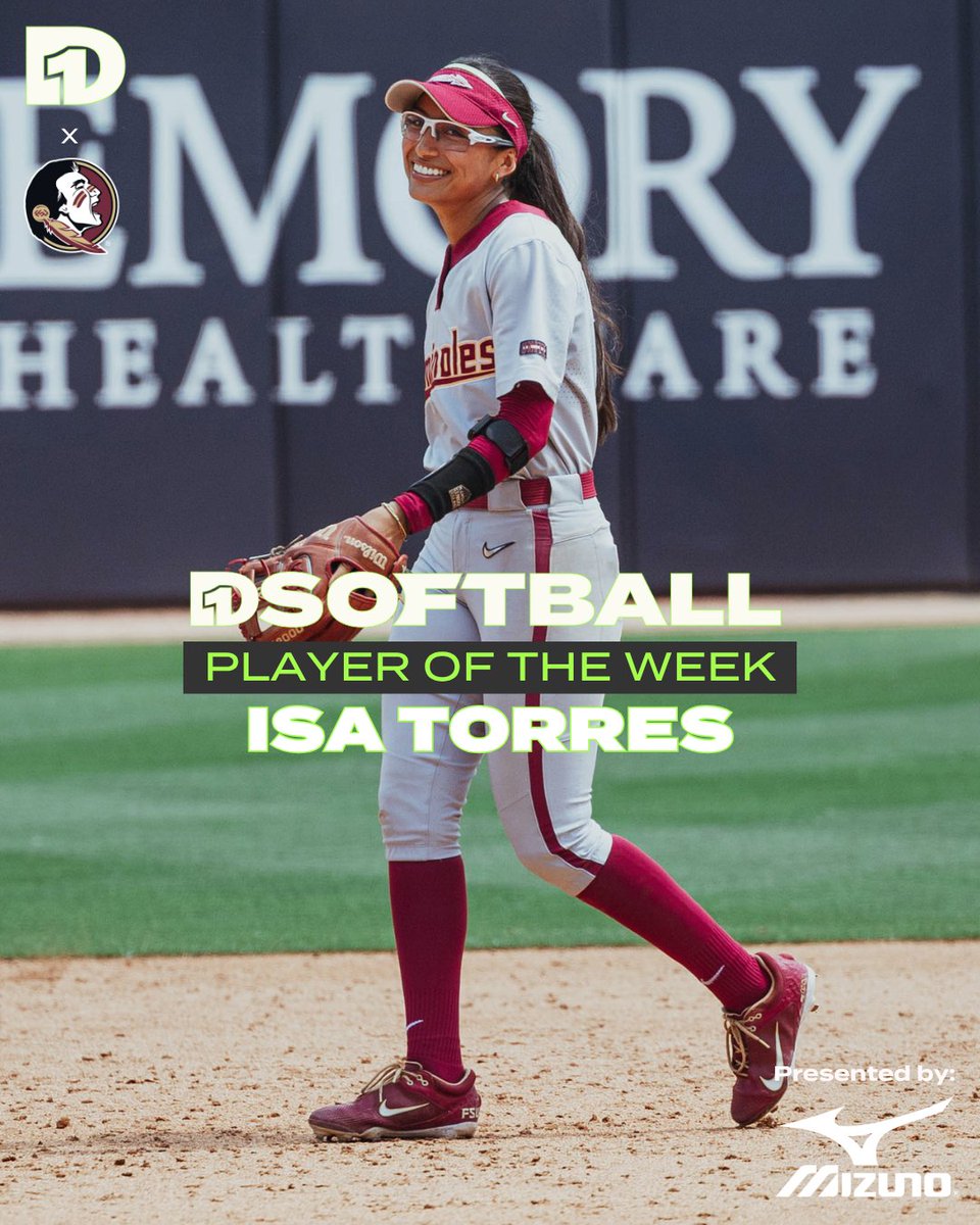 Player of the Week: Isa Torres, Florida State

Torres hit five home runs and batted .400 across four games for Florida State, including two multi-home run performances against Florida and Georgia Tech.

Presented by <a href="/MizunoSportsUSA/">Mizuno Team Sports USA</a>
🔗 bit.ly/3QDHr7N