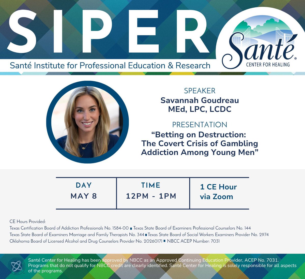 SanteCenter's tweet photo. DEADLINE APPROACHING FOR NEXT WEEK'S SIPER CE EVENT: Betting on Destruction: The Covert Crisis of Gambling Addiction Among Young Men
🆁🅴🅶🅸🆂🆃🅴🆁: https://t.co/KtAGXhGcrt
#MentalHealth #CEevents #therapist #gambling #addiction #education #santecenter https://t.co/UnUpZKgqqJ