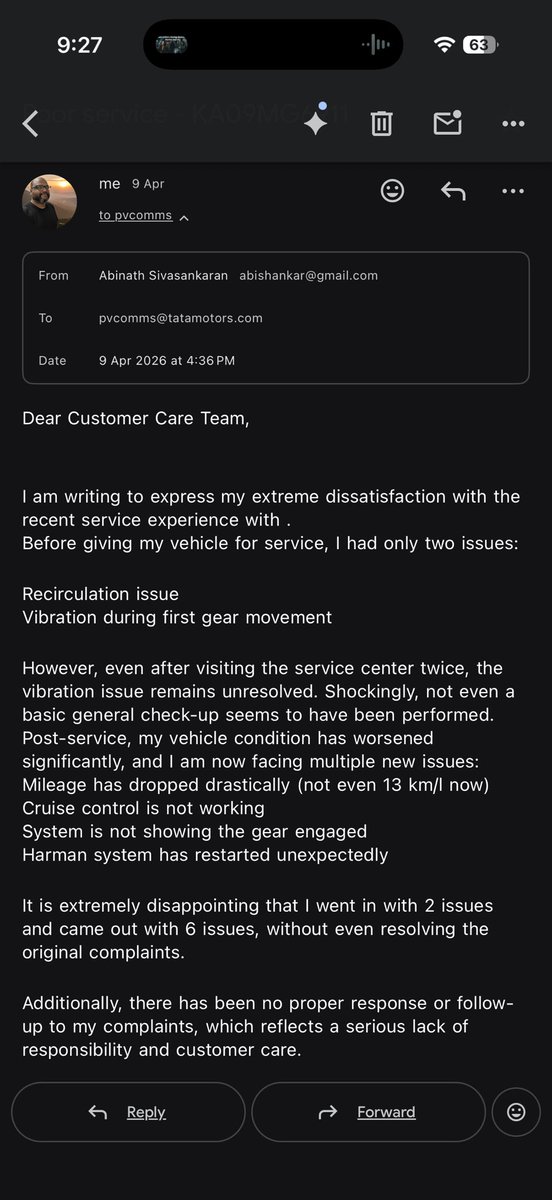 AbinathSiva's tweet image. @TataMotors_Cars, Since April 3, I have visited URS Kar, Mysore 5 times spent ~₹30k including clutch plate replacement, yet issue remain.
Escalation proof attached, I can no longer rely on @urskar_tata. Required resolution on 2nd  May.
#TataMotors #CustomerService #Mysuru #Punch