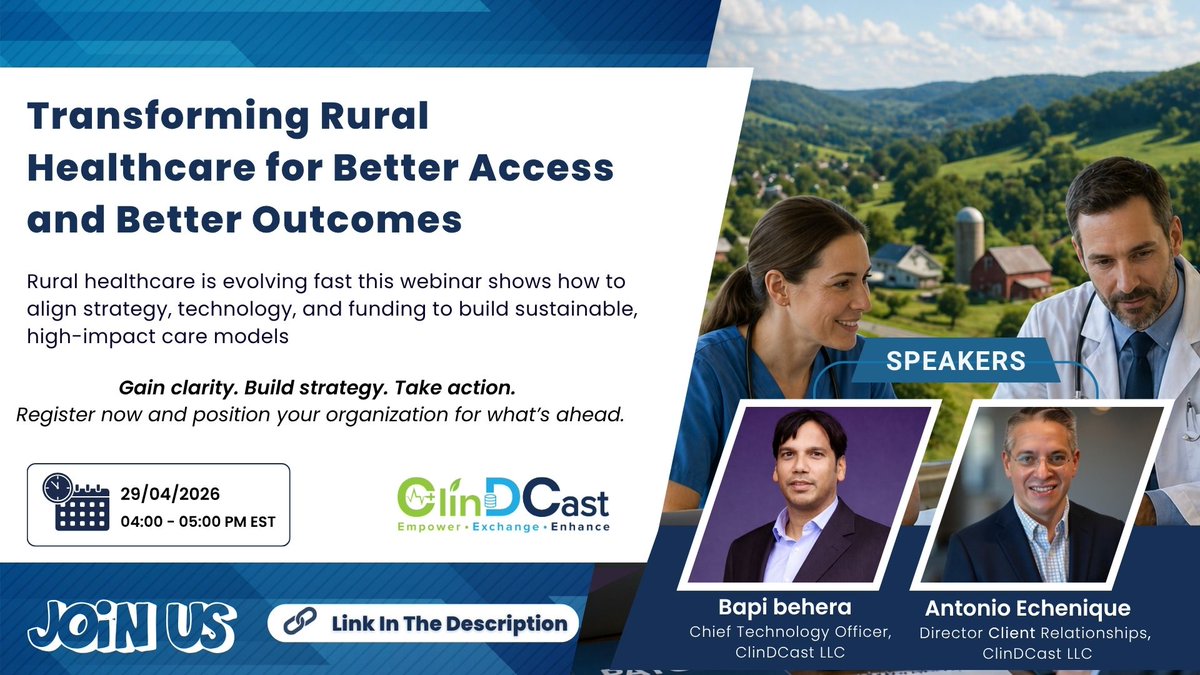 clindcast's tweet image. Join us tomorrow to understand what this transformation means and how organizations can take the right strategic steps to stay ahead.

Join US: eventbrite.com/e/transforming… #ruralhealthcare #healthit 

#digitalhealth #ruralhealth #healthcarewebinar #webinar #livewebinar