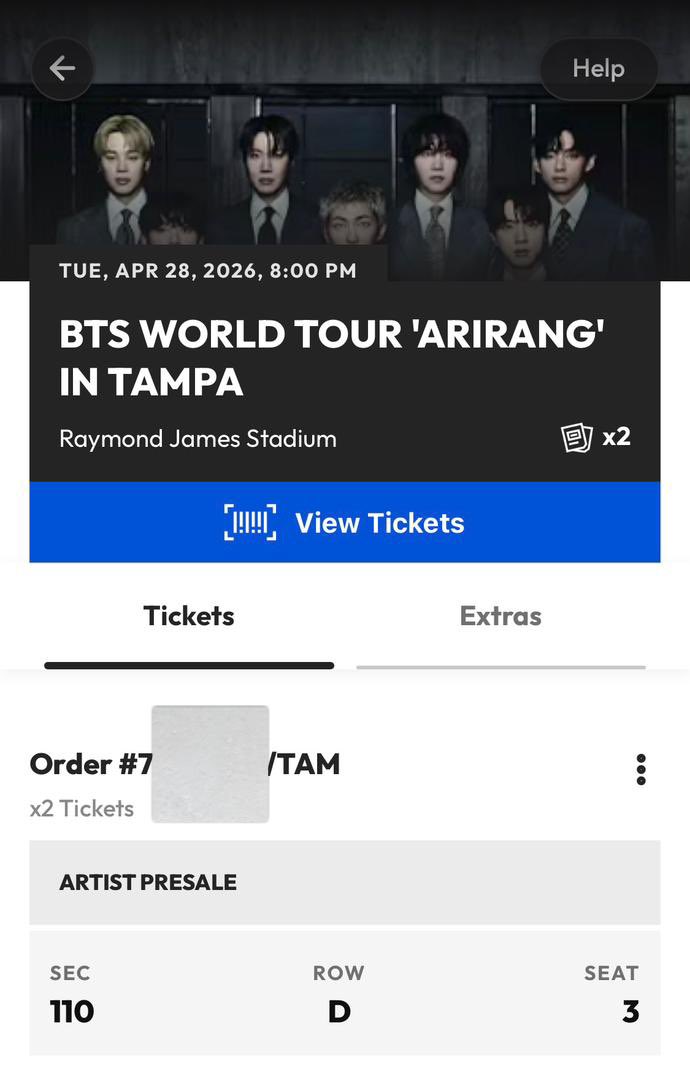 ellaasmiitth's tweet image. extra  2x  BTS WORLD TOUR 'ARIRANG' IN TAMPA Tickets for  tonight show.

Venue : Raymond James Stadium Tampa, FL

Date : Tuesday, April, 28

Won’t be able to make the show cause of my work schedule😊

Send a dm if u want them!

NB:tix are on Ticketmaster 🪭

#BTS Tickets 🎟️