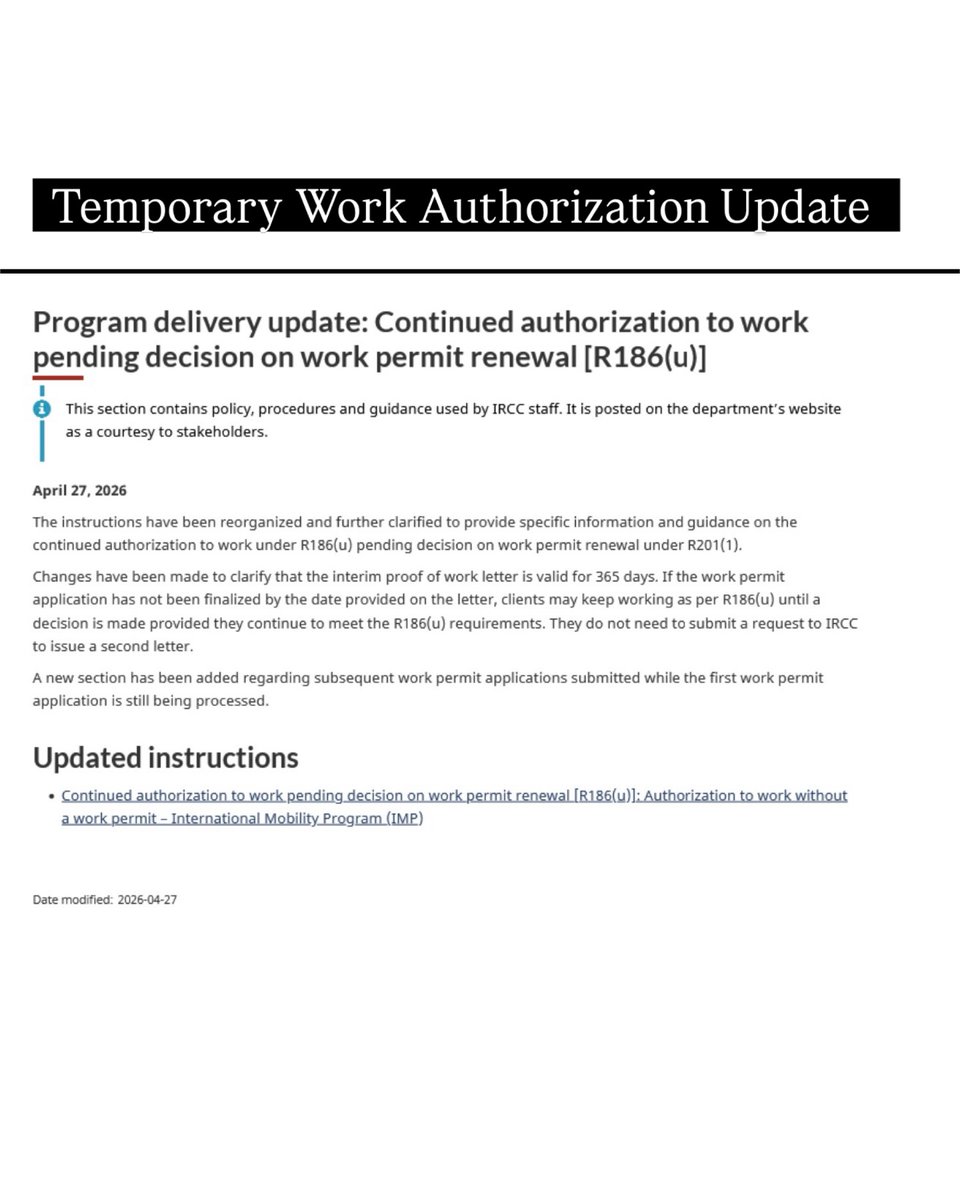 spike_immi's tweet image. Program delivery update: Continued authorization to work pending decision on work permit renewal [R186(u)] - Maintained Status Source : canada.ca/en/immigration… #WorkPermit #Temporary #WorkAuthorization #Canada