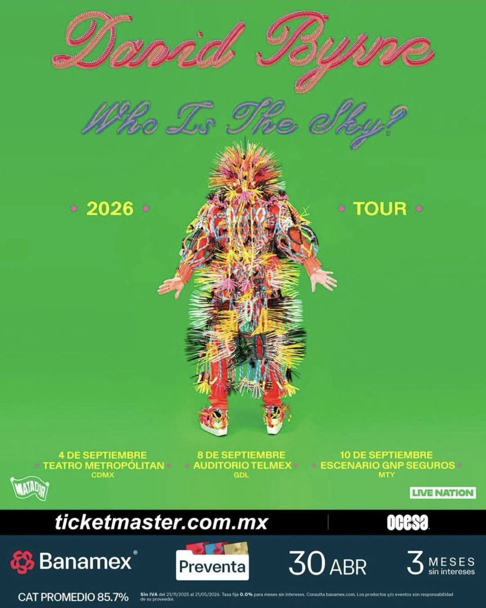 mehaceruido's tweet photo. David Byrne @DBtodomundo regresa con su gira Who Is The Sky? luego de presentarse en #Coachella. La Preventa será el 30 de abril

CDMX
🏟 Teatro Metropolitan
📆 Septiembre 4

GDL
Auditorio Telmex
📆 Septiembre 8

MTY
🏟 Escenario GNP
📆 Septiembre 10

https://t.co/n6mAs1gJAL https://t.co/qQzsLJDoNm