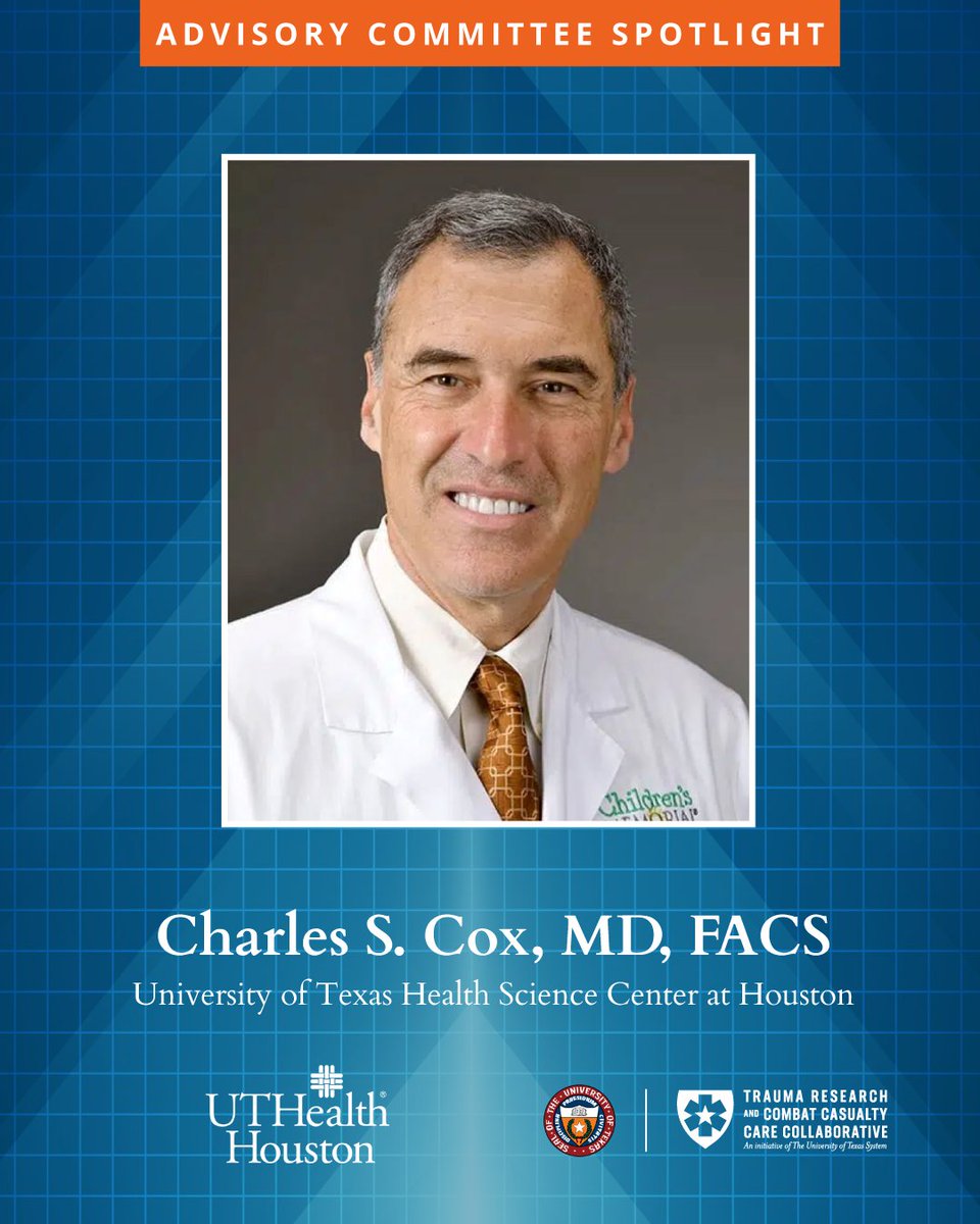 UT_TRC4's tweet photo. Charles S. Cox, MD, TRC4 Advisory Committee member, is the Distinguished Chair in Neurosciences &amp; Pediatric Surgery at UTHealth. Dr. Cox plays a pivotal role in advancing our mission to transform trauma care. #Traumaresearch #advisoryspotlight #utsystem https://t.co/Otl3dT2yHB
