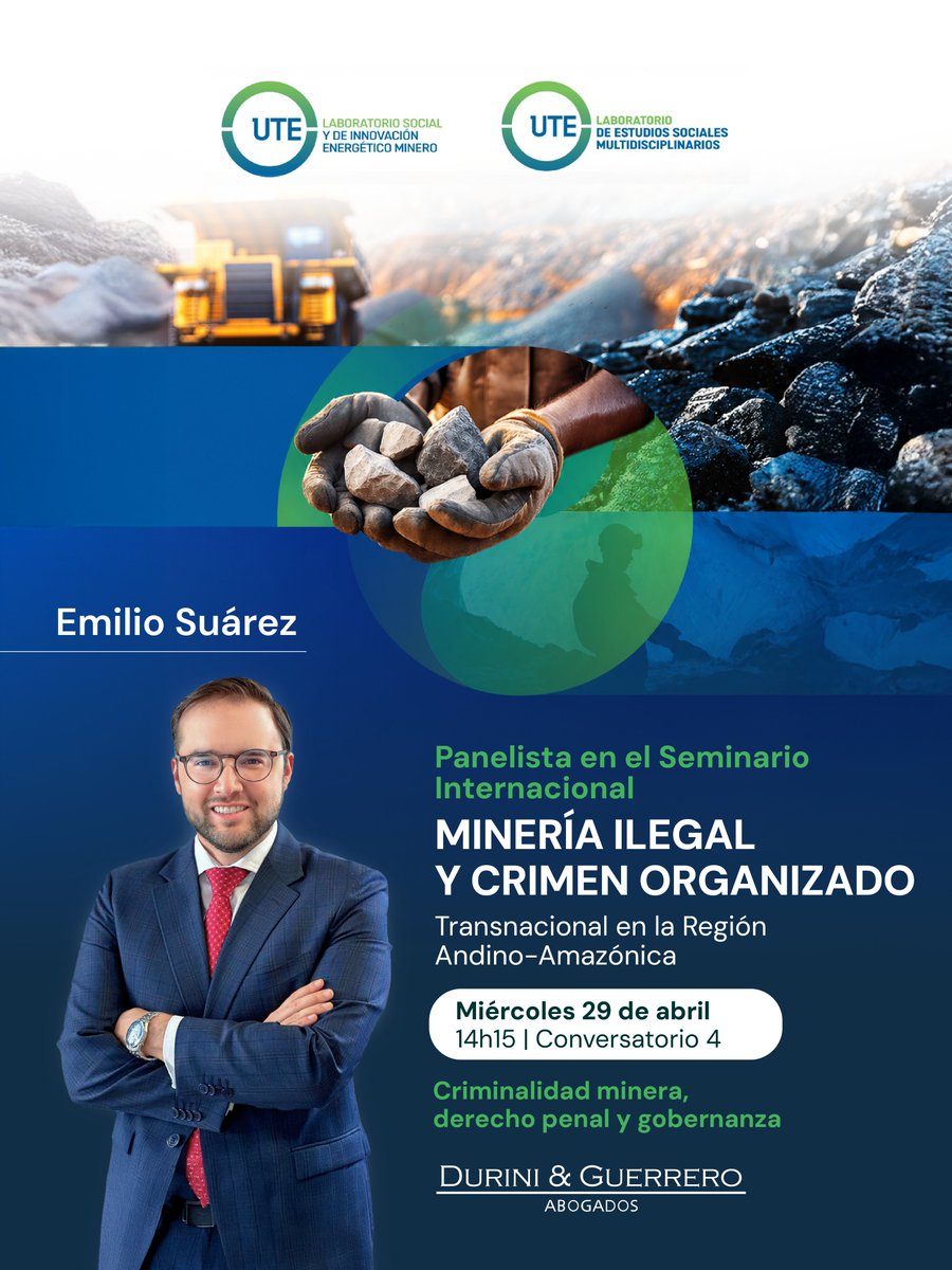 DuriniGuerrero's tweet photo. DGA en el Seminario Internacional sobre Minería Ilegal y Crimen Organizado Transnacional

Emilio Suárez participará como panelista en este espacio. Seguimos presentes donde se construyen las conversaciones que importan.

Inscríbete al seminario aquí: https://t.co/i9VUuODc1m https://t.co/arlvE02a9i
