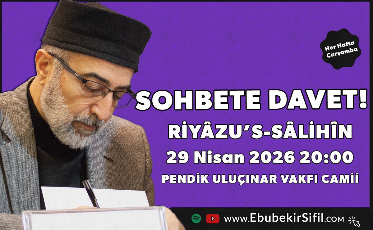 RihleUZEM's tweet photo. Davetlisiniz.

Prof. Dr. @EbubekirSifil hocamızın haftalık Riyâzu's-Sâlihîn sohbetleri Pendik Uluçınar Vakfı Camii'nde devam ediyor. 

29 Nisan Çarşamba 20:00'da başlayacak sohbete ailecek davetlisiniz. 

Sohbet, akşam namazı sonrası başlayacak inşallah. https://t.co/ZSsH4F5yjk