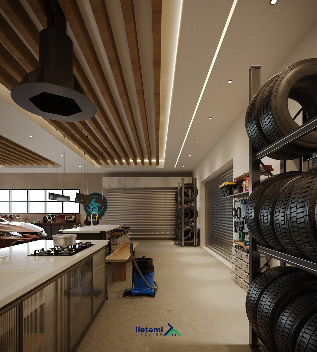 Temichitect01's tweet photo. Craftsmanship meets horsepower — a sleek, thoughtfully designed workspace that blends precision tools, warm textures, and modern lighting into a garage that feels as refined as the machines it serves. https://t.co/qQwKhSkw4C