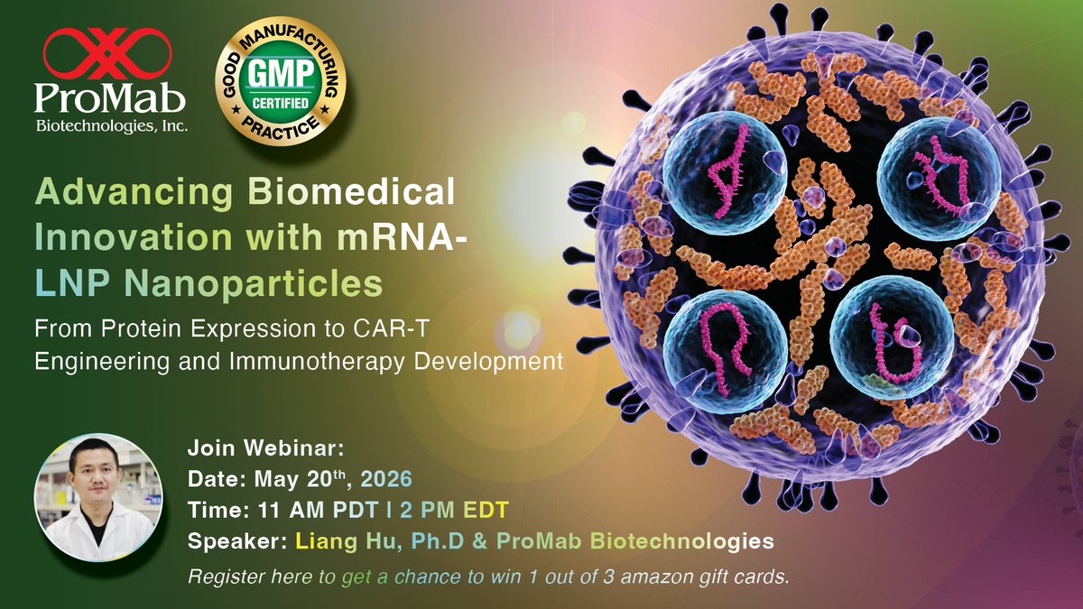 ProMabBiotech's tweet photo. 🚀🔥🧬 Discover how mRNA-LNP platforms are driving research breakthroughs in protein expression, CAR-T engineering, and immunotherapy development.
📅 Wednesday, May 20, 2026
⏰ 11 AM PDT / 2 PM EDT
🎤 Speaker: Liang Hu, Ph.D. | ProMab Biotechnologies
👉🔗 https://t.co/MGGqBybt8i https://t.co/iqo5i4E9Em