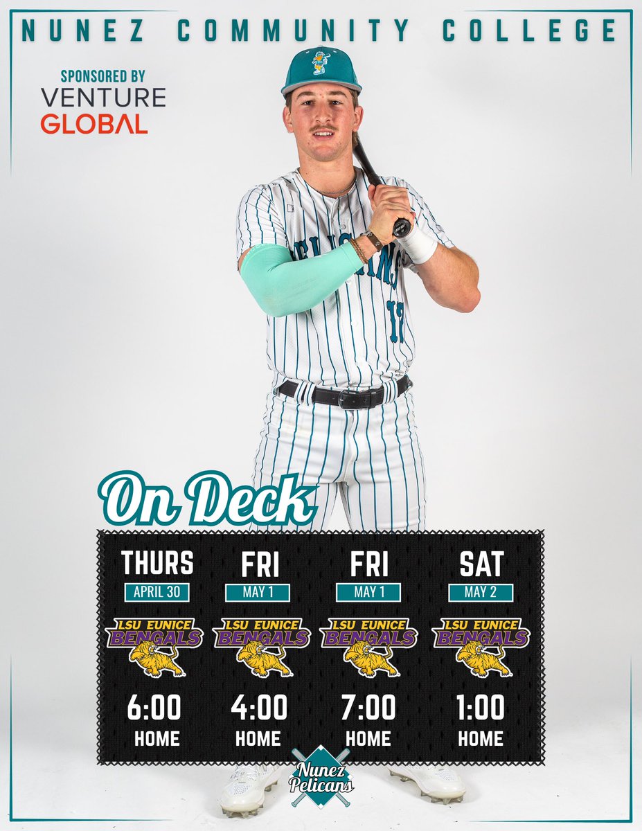NunezCCBaseball's tweet photo. The Pels will take on the LSU-Eunice Bengals this Thursday - Saturday at Noel Suarez Stadium in Chalmette. 

Thursday 6:00 pm, (one 9-inning game)
Friday 4:00 pm, (doubleheader) 
Saturday 1:00 pm, (one 9-inning game)

#FlockUp https://t.co/oxfRKpp9xZ