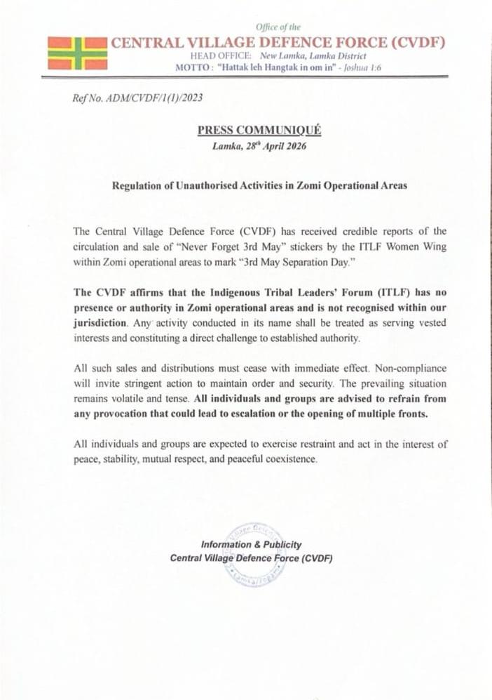 behindttruth's tweet photo. The Central Village Defence Force has issued a stern warning to ITLF Women Wings not to operate within Zomi Operational Areas. It may be noted that oragnisations like ITLF and Kuki-Zo Council are proxies of the Kuki Inpi. https://t.co/5DFAv17IZI