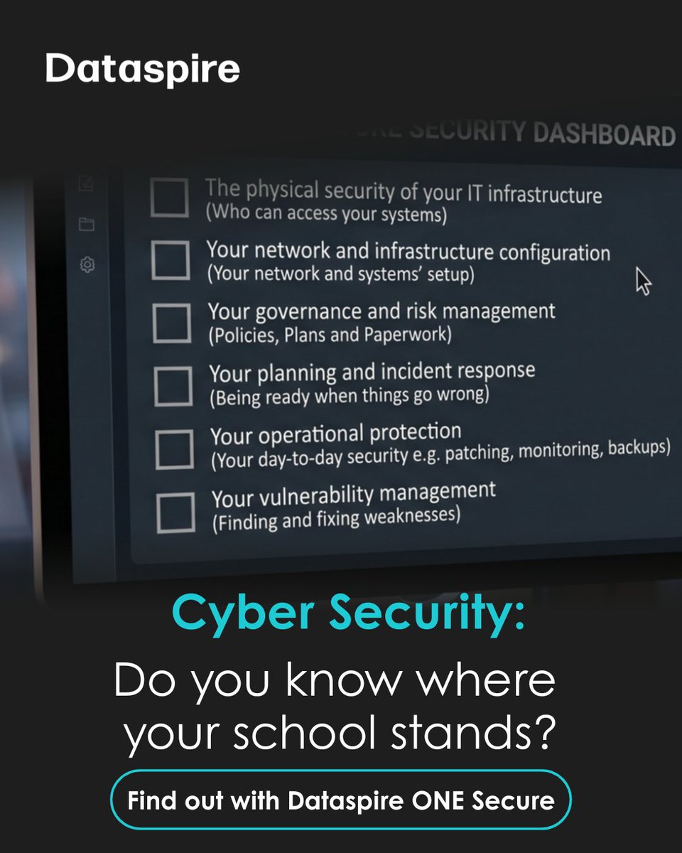 DataspireUK's tweet photo. 6 cyber security areas, 150+ checks, 1 clear report of where your school stands. 

That's Dataspire ONE Secure. 

Find out where your school stands today: https://t.co/LwiLBgxmiJ https://t.co/Lc30uyALQB