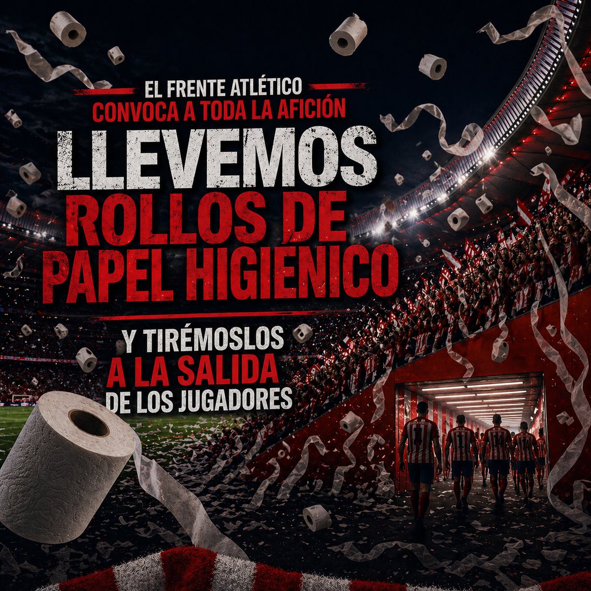 🧻MAÑANA TODOS CON PAPEL HIGIENICO AL METROPOLITANO

El Frente Atlético convoca a toda la afición a llevar papel higiénico para recibir al equipo, como ya se hizo en el Vicente Calderón en Segunda División.

El primer gol lo marcamos nosotros, VAMOS ATLETI!
