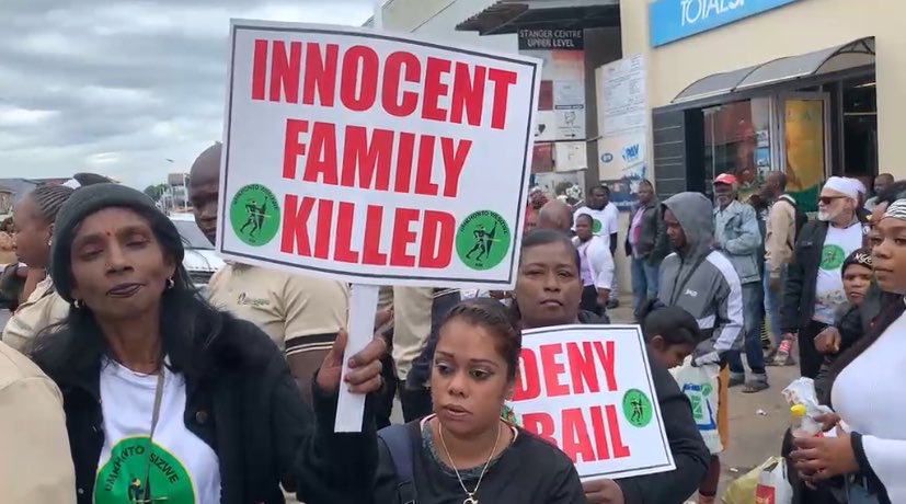Community members protested outside the KwaDukuza Magistrate Court as the 3 men accused for the murder of 7 members of the Monswamy family made their first appearance.