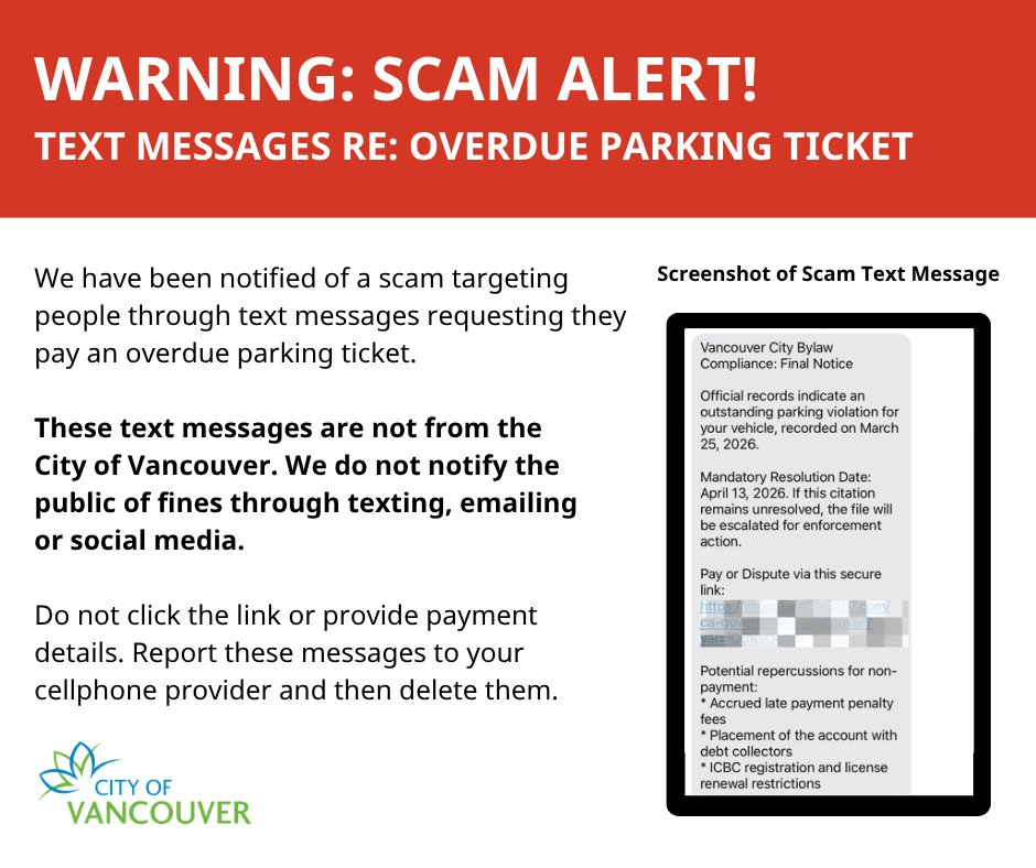 Warning ⚠️ Scam Alert: We have been notified of a scam targeting people through text messages requesting they pay an overdue parking ticket. This is not the City, we do not notify the public of fines through texting, emailing or social media. More info ➡️ bit.ly/3GNdmOs