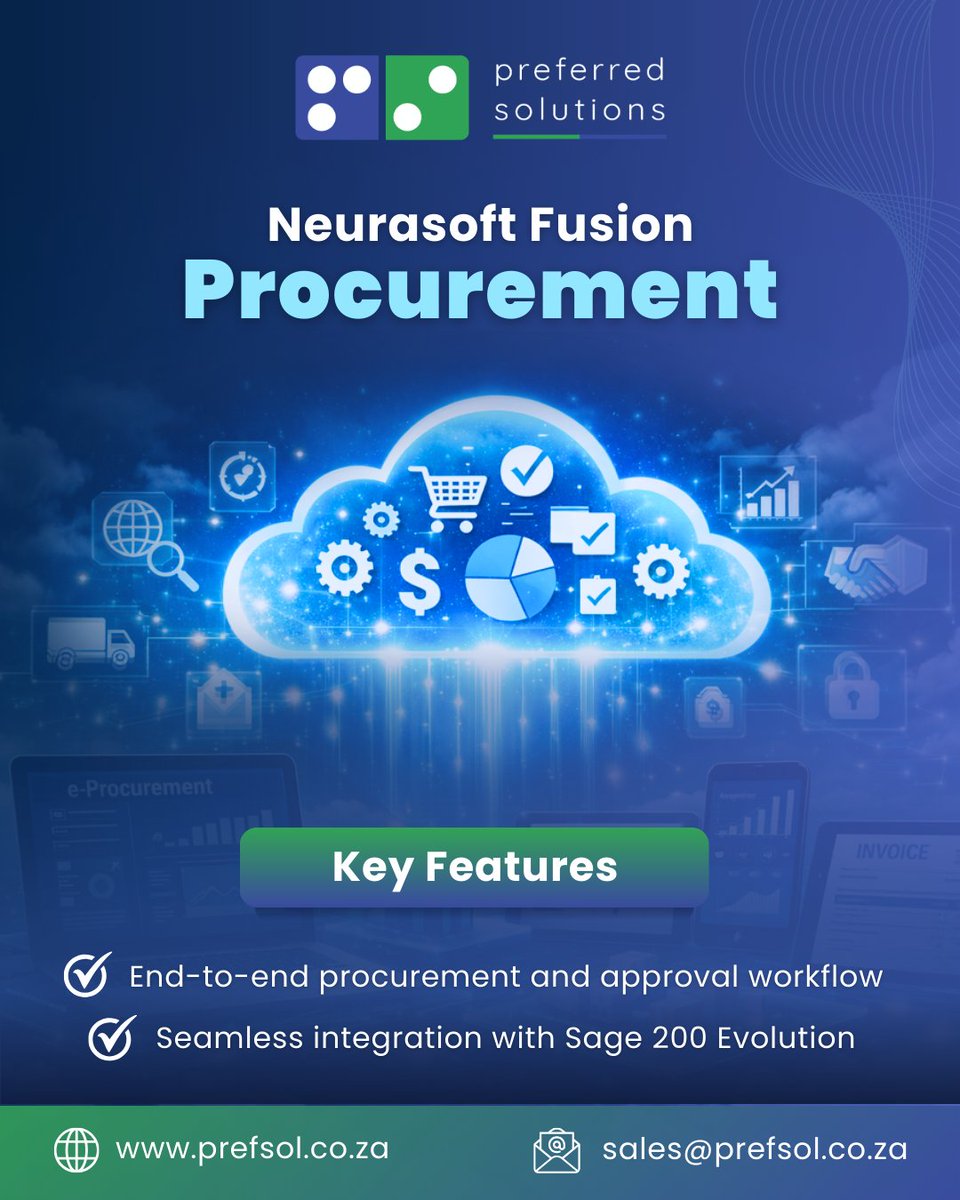 prefsolutions's tweet photo. Streamline sourcing, approvals and purchasing with Neurasoft Fusion Procurement.🔗 Learn more: https://t.co/iaPVrLHSBl 📧 sales@prefsol.co.za #PreferredSolutions #ProcurementSoftware https://t.co/WNAx8xwVlY