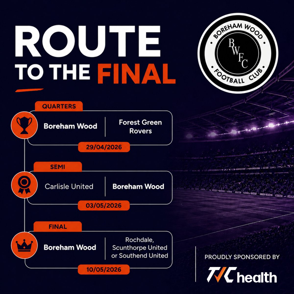 TICHealth's tweet photo. @BOREHAM_WOODFC' path to the @NL_Enterprise  final is now in sight. ⚽

A quarter-final against Forest Green, with Carlisle United waiting in the semi-finals.

A place in the final will be contested against either Scunthorpe United, Southend United, or Rochdale.

#BorehamWood https://t.co/Q5nrp6lLMe