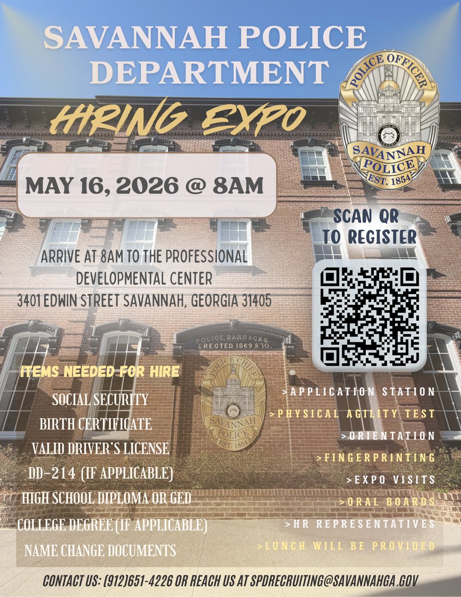 SavPolice's tweet image. Interested in a career in law enforcement? Join us for the SPD Hiring Expo on May 16 @ 8 a.m. at the SPD Professional Developmental Center (3401 Edwin Street). #Savannahga #HiringExpo #LawEnforcement 

Register online here: app.smartsheet.com/b/form/019dd45…