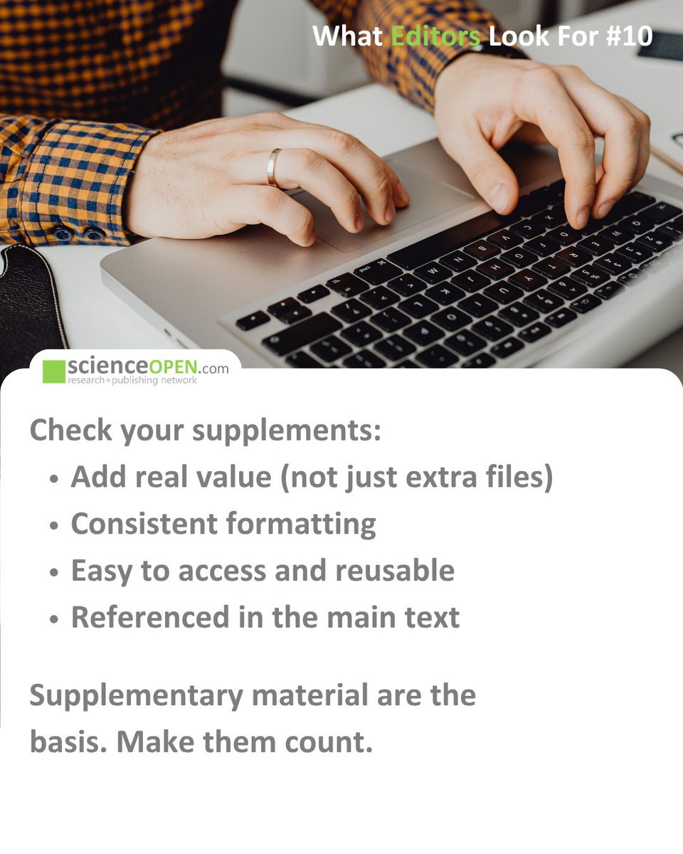Science_Open's tweet image. Our series What Editors Look For continues with an important part of many submissions: supplementary material.

Swipe through to see why it is worth getting them right.

Follow #ScienceOpen for more tips and tricks in this series.

#AcademicPublishing #ScholarlyCommunication