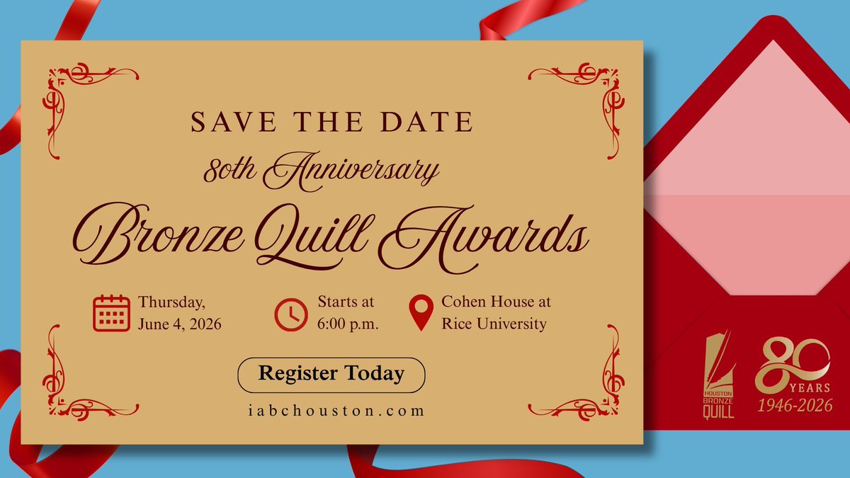 IABCHouston's tweet image. 💫 Entries have been submitted, judges have made their decisions, winners will be notified and now the 2026 Bronze Quill Awards Gala tickets are on sale! 

Join us to celebrate the achievements of #TX communicators at our annual gala.

🎟️ RSVP: buff.ly/dDOtbXh