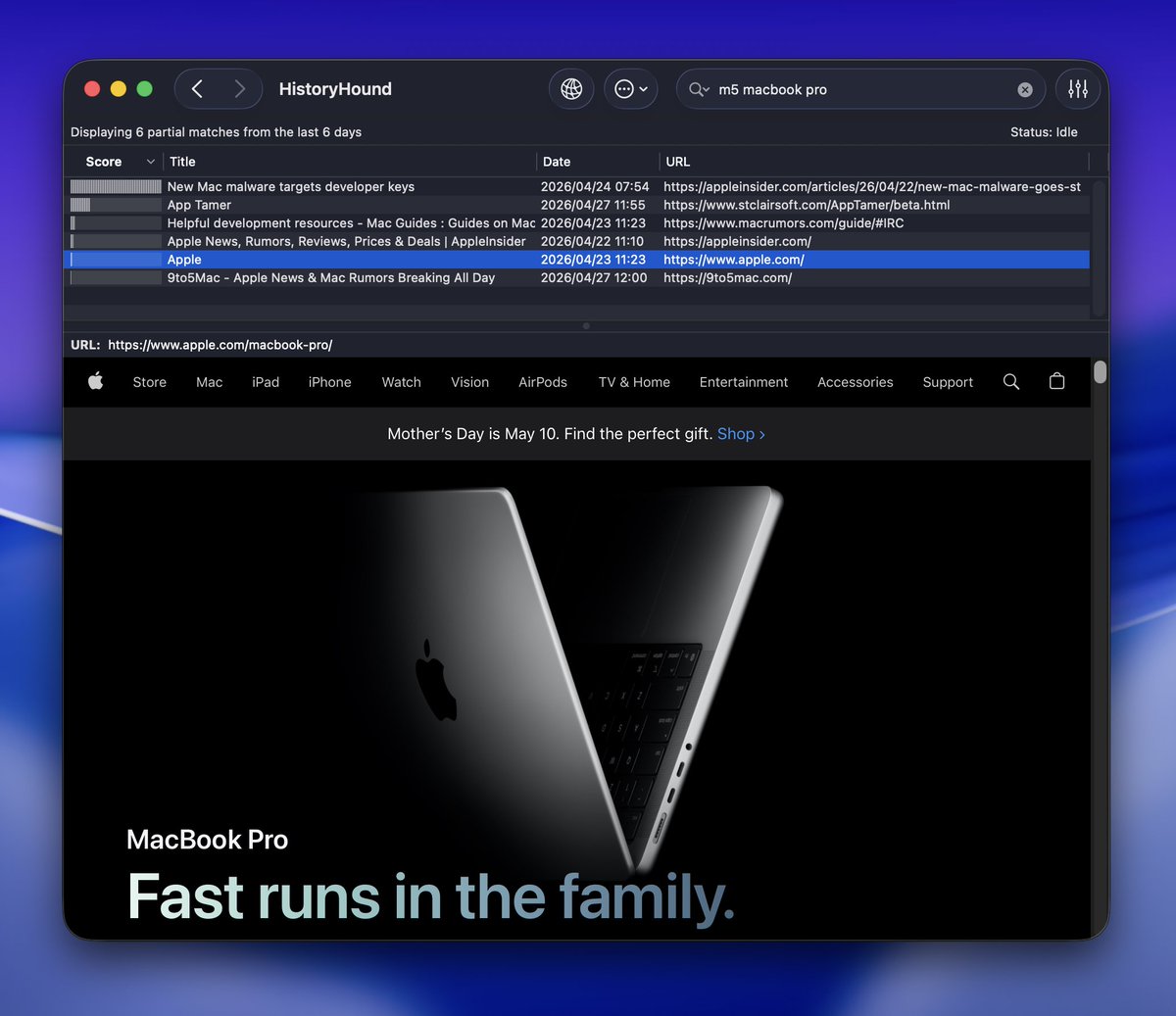 stclairsoft's tweet photo. HistoryHound 2.3.7 is out! Search your web browsing history and bookmarks across multiple browsers - now with support for Atlas, Comet, Helium and Dia. https://t.co/UVZuEha6eB https://t.co/W6AxWKhFd8