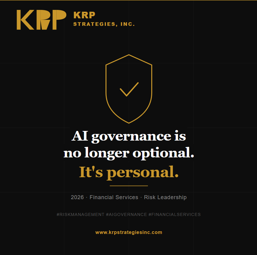 KRPStrategies's tweet photo. In 2026, AI risk governance isn't optional — it's personal.

CROs, CISOs &amp; CCOs now face real financial and legal exposure for risk failures.

Are you ahead of it?

Let KRP Strategies, Inc. help!!

🔗 https://t.co/Q4qzdoHzNH

#RiskManagement #AIGovernance #FinancialServices https://t.co/lDMMHvEgQh