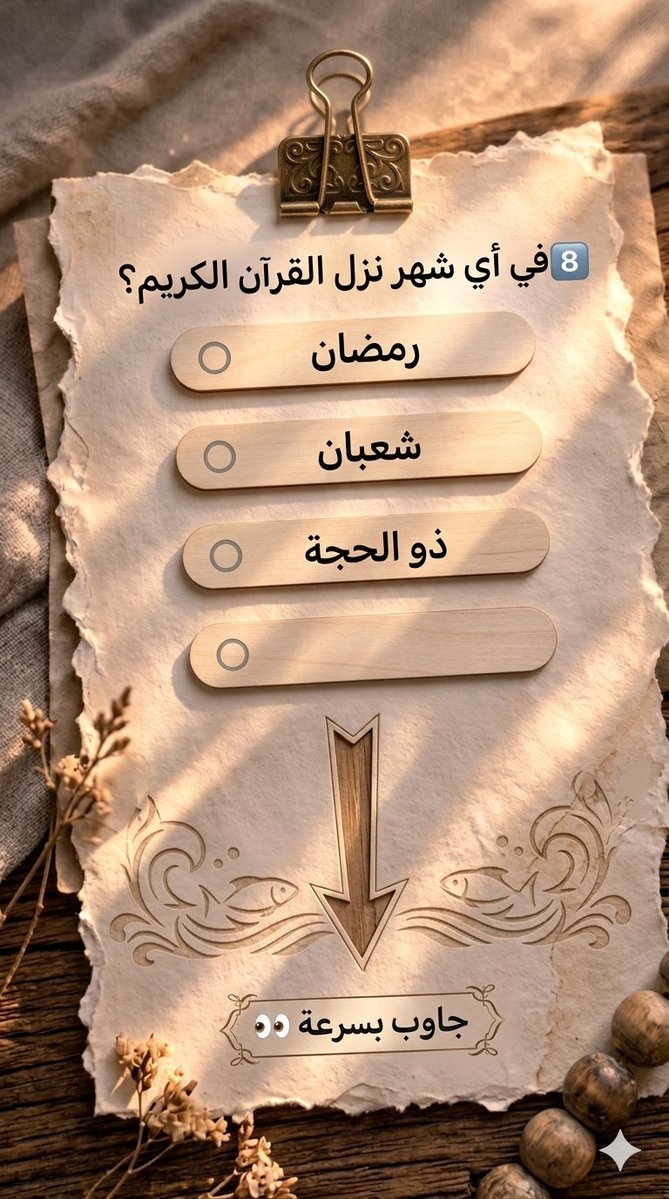 السؤال وجايزته 50 الف﷼ 
 في أي شهر نزل القرآن الكريم؟

🔘 رمضان

🔘 شعبان

🔘 ذو الحجة

ارسل جوابك في الخاص 📩