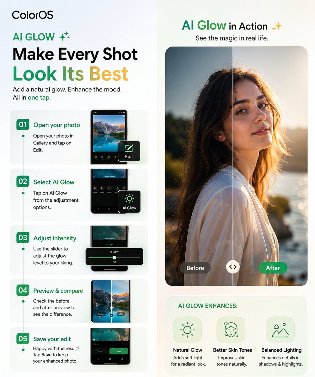 SaifiMantsha2's tweet photo. Bad lighting can ruin a good portrait.
AI Glow on ColorOS fixes it in seconds. softer light, better skin tones, and a natural finish.
No over-editing. No fake look.
Just clean portraits, instantly. ✨
#ColorOS #AIGlow #Coloros16 #OPPO #PortraitPhotography #ShotOnPhone https://t.co/Q0rb2MMwh5