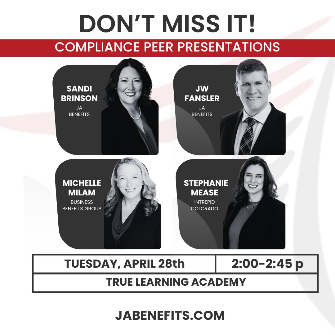 One more opportunity! Coming up at 2p - you can catch insight from JA's Sandi Brinson and JW Fansler on Compliance Peer Presentations at the True Learning Academy.

#jabenefits #jahr #compliance #jaspeaks #truelearningacademy