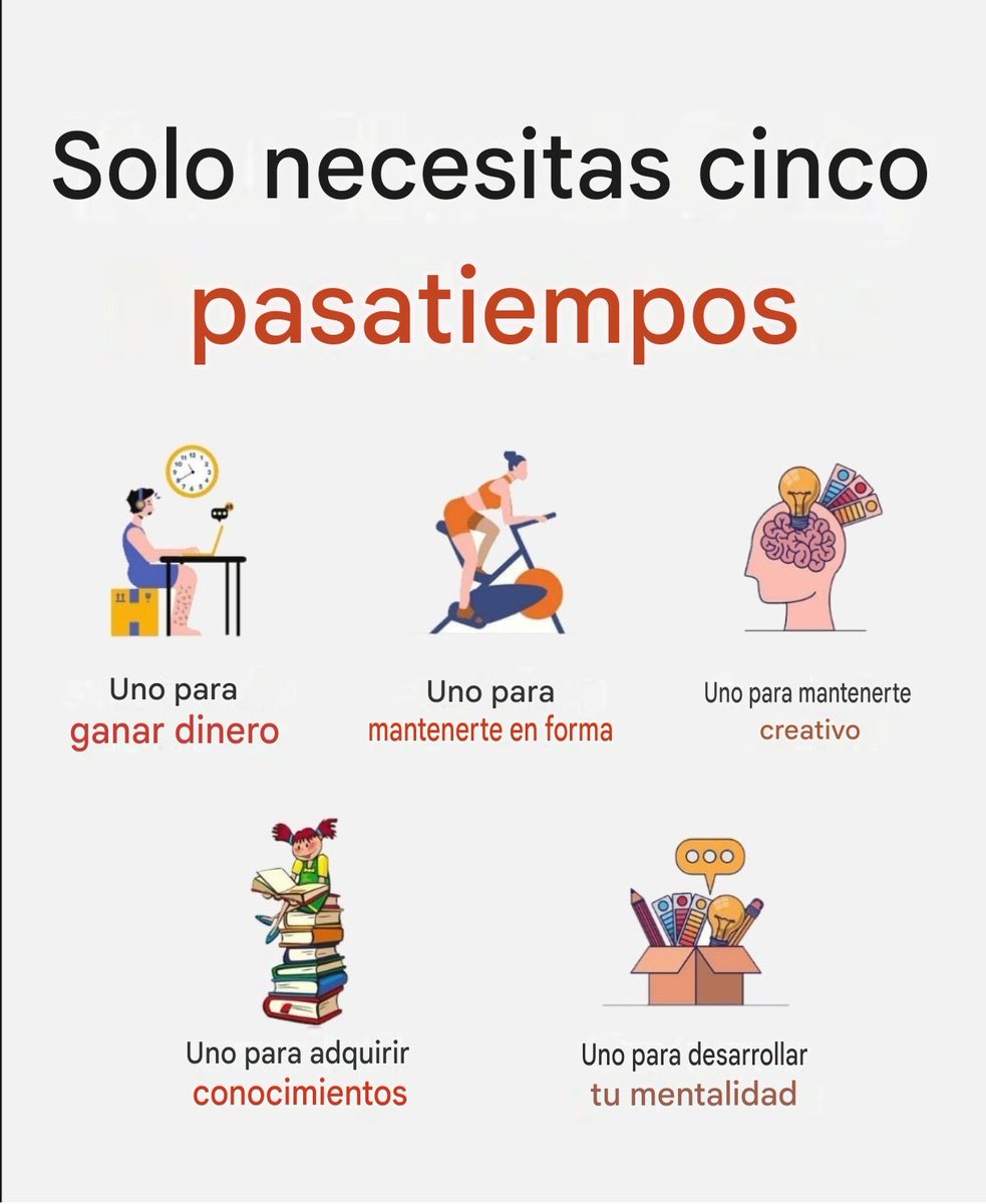 jota_mca's tweet photo. SOLO NECESITAS 5 PASATIEMPOS

+ Uno para ganar dinero

+Uno para mantenerte en forma

+ Uno para mantenerte creativo

+ Uno para adquirir conocimientos

+ Uno para desarrollar tu mentalidad https://t.co/GO22Sc1xnd