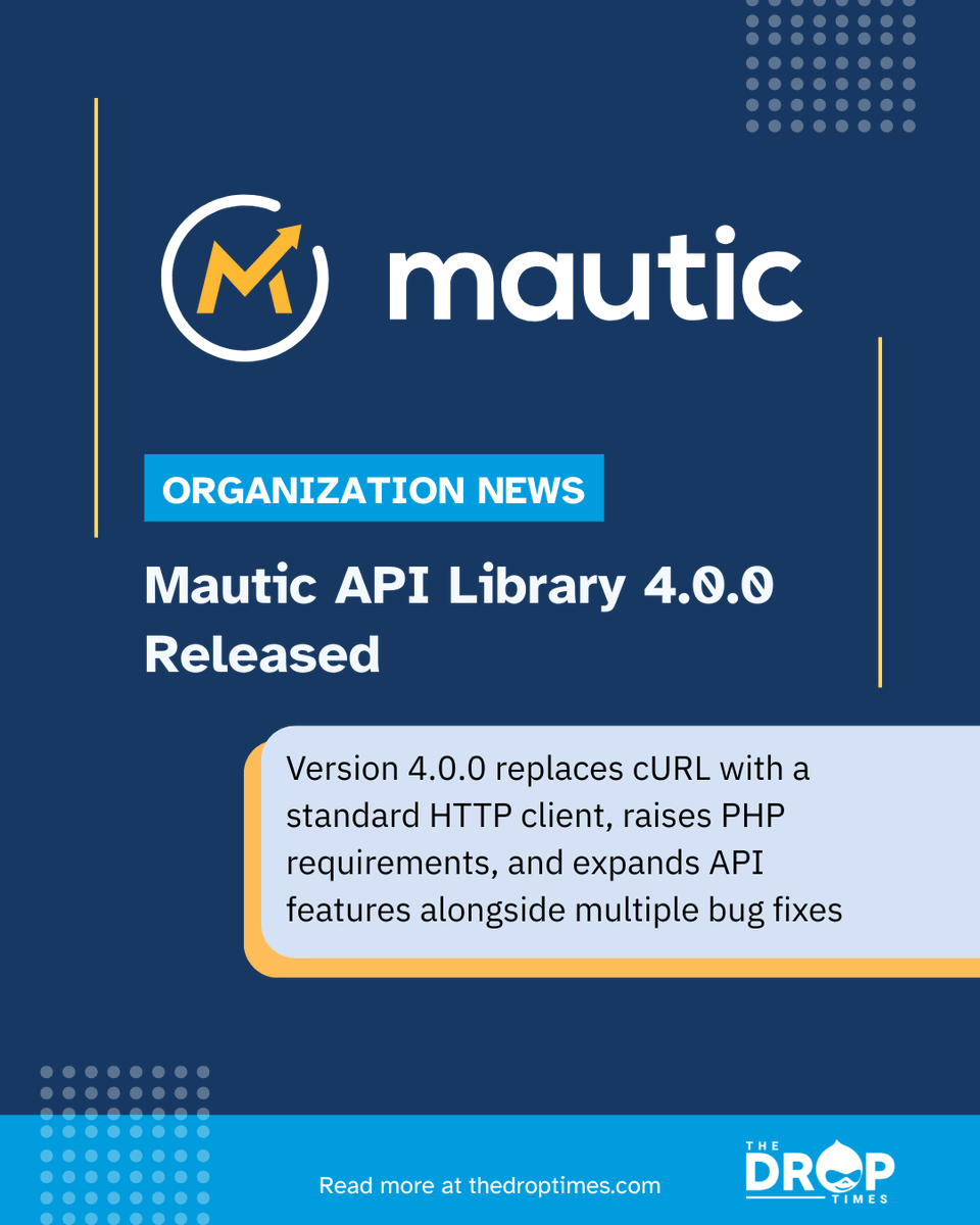 thedroptimes's tweet image. Mautic API Library 4.0.0 released.

Adds PSR-18 HTTP support, requires PHP 8, and improves logging and API features.

bit.ly/4tCnSLA 

#Mautic #API #PHP #WebDevelopment
